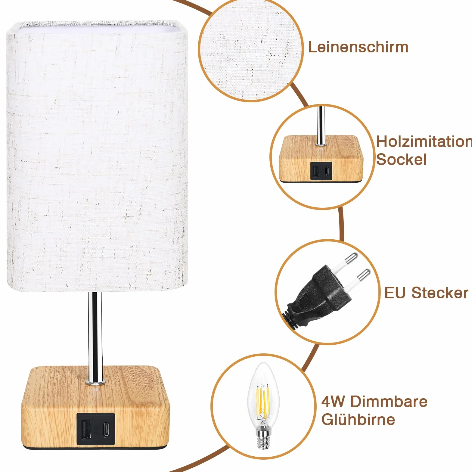 Lámpara Mesita Noche Táctil Regulable con Puertos de Carga USB A y C, 3 Niveles de Brillo, para Dormitorio, Sala, Oficina