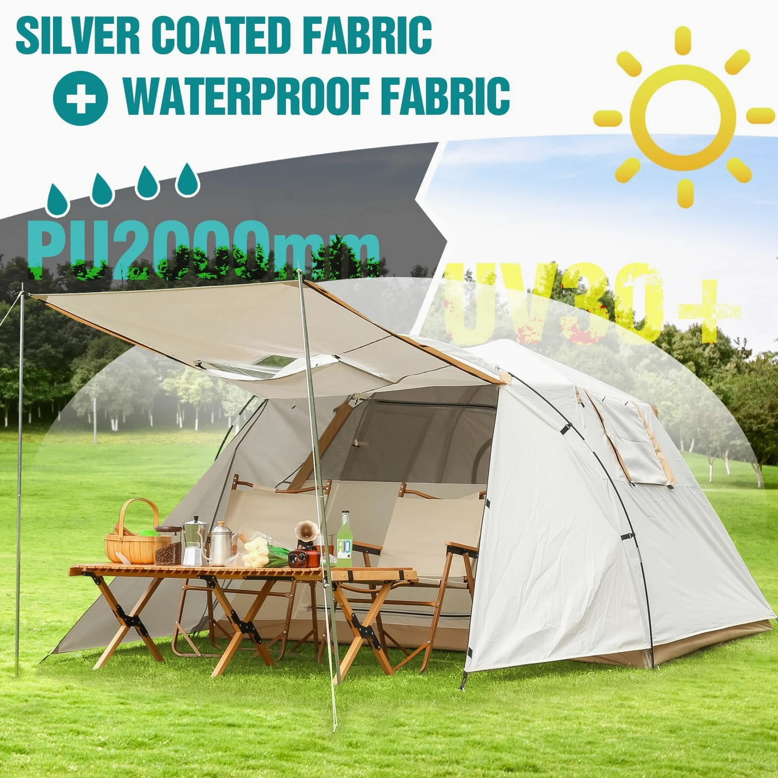 Chihee Tiendas de Camping Carpa Pop-Up Portátil,Carpa Familiar 2 Puertas Montaje Instantáneo Tienda Grande Resistente a la Intemperie Tienda 4 Estaciones con Toldo Incluye Bolsa de Transporte Rainfly