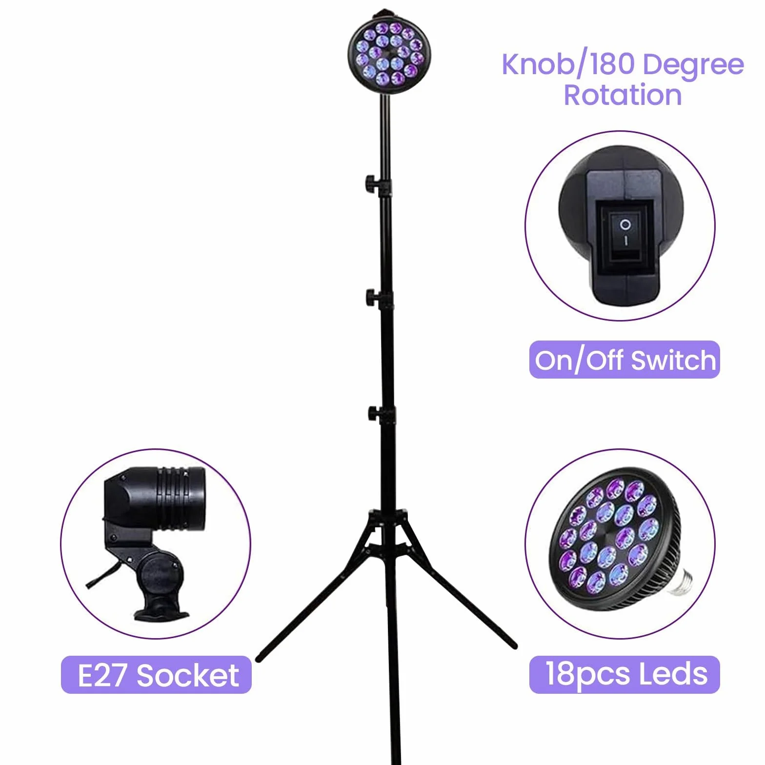 Lámpara de bronceado facial LED 395 nm 18 luces, altura ajustable 38.5-78.7 pulgadas, rotación 180°, autobronceadora para hogar y salón