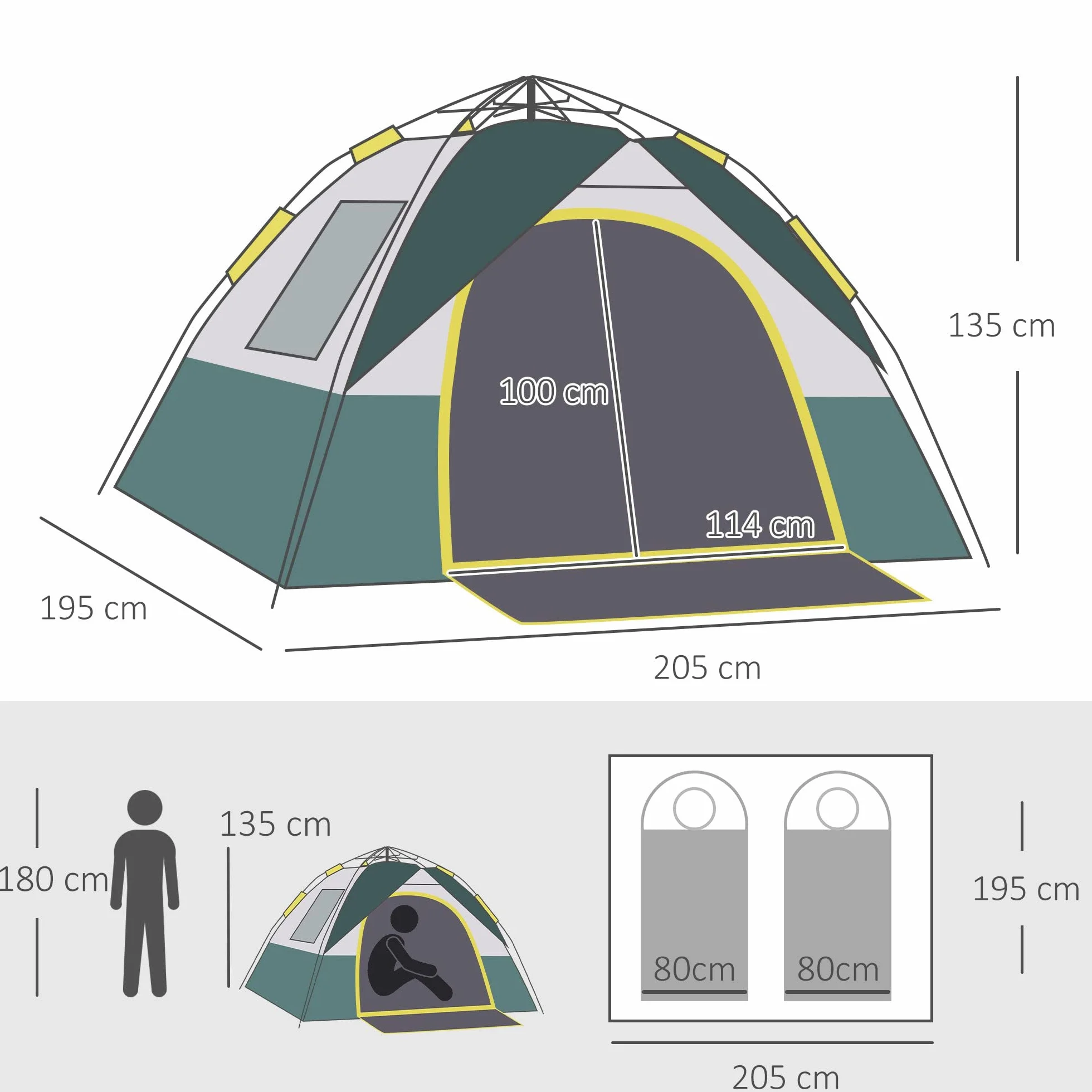 Outsunny Tienda de Campaña Pop-up 3 Personas Impermeable 1000 mm Plegable 205x195x135 cm Verde
