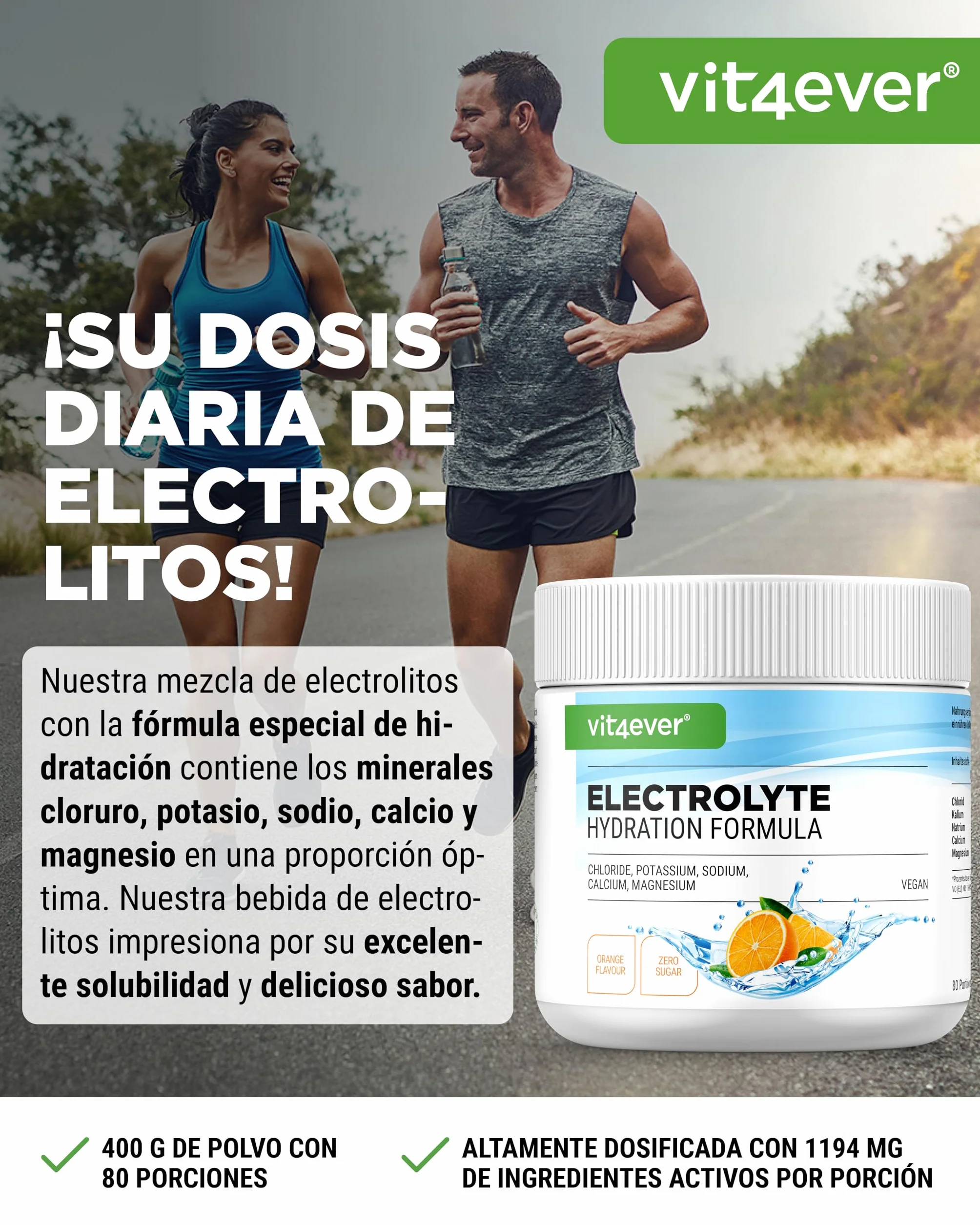 vit4ever Electrolitos 400 g 80 Porciones Fórmula Hidratación Cloruro Potasio Sodio Calcio Magnesio Sin Azúcar Vegano Sabor Naranja