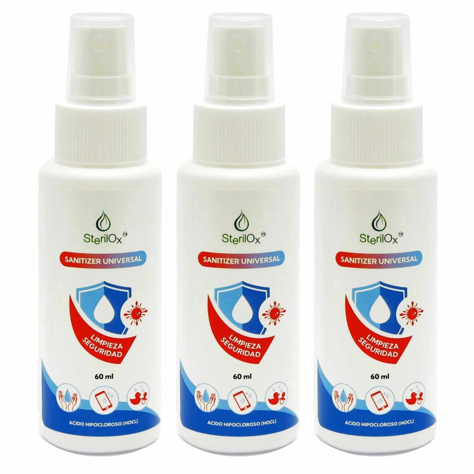 Spray 3 x 60 ml Solución Cosmética con Ácido Hipocloroso para Manos, Juguetes, Utensilios - Seguro para Niños y Mascotas