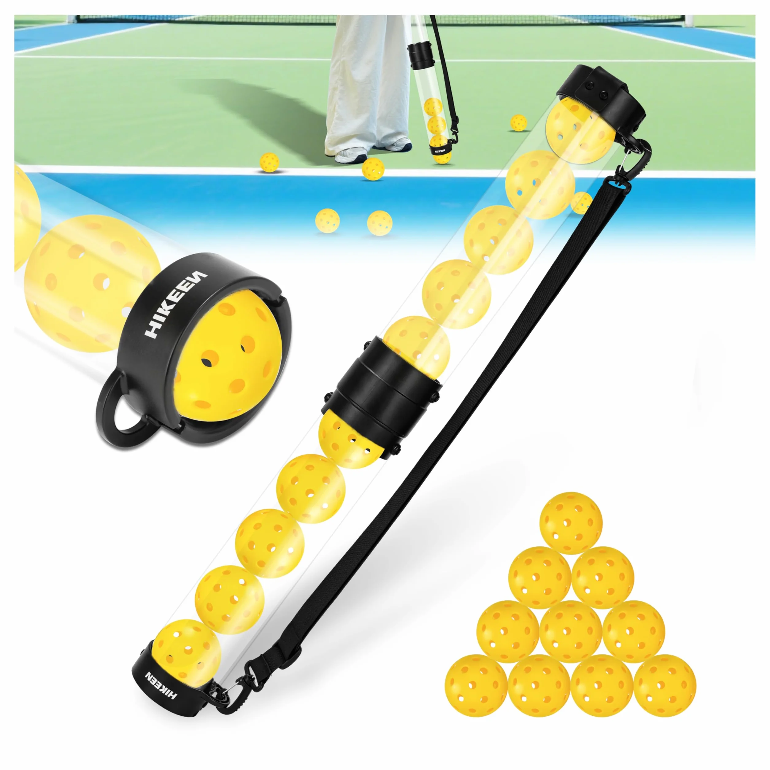 Hikeen Tubo Recuperador Pickleball con 5 Pickleballs, Pickleball Set Portátil con Correa Ajustable para Entrenamiento Pickleball, Accesorios Pickleball para Transportar y Almacenar