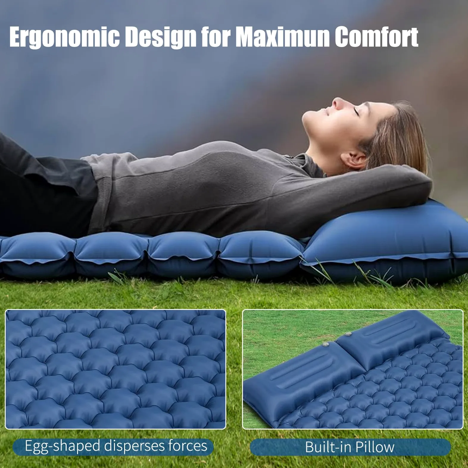 Esterilla Autoinflable Camping 2 Personas, Colchoneta Camping Hinchable con Almohada y Bomba de Pie para Tienda, Viajes, Exteriores, Senderismo, Playa