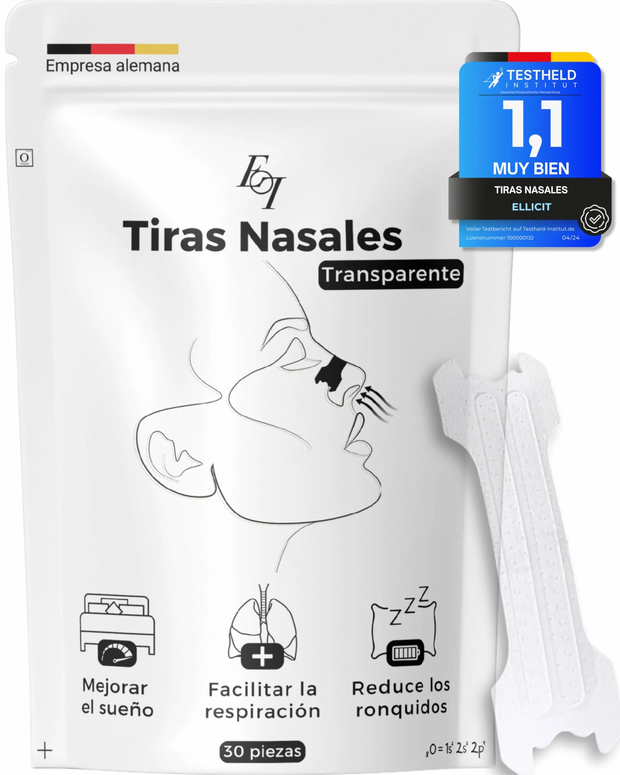Ellicit Tiras Nasales Transparentes, Paquete de 30, Contra Ronquidos, Soporte Deportes, Mejor Respiración