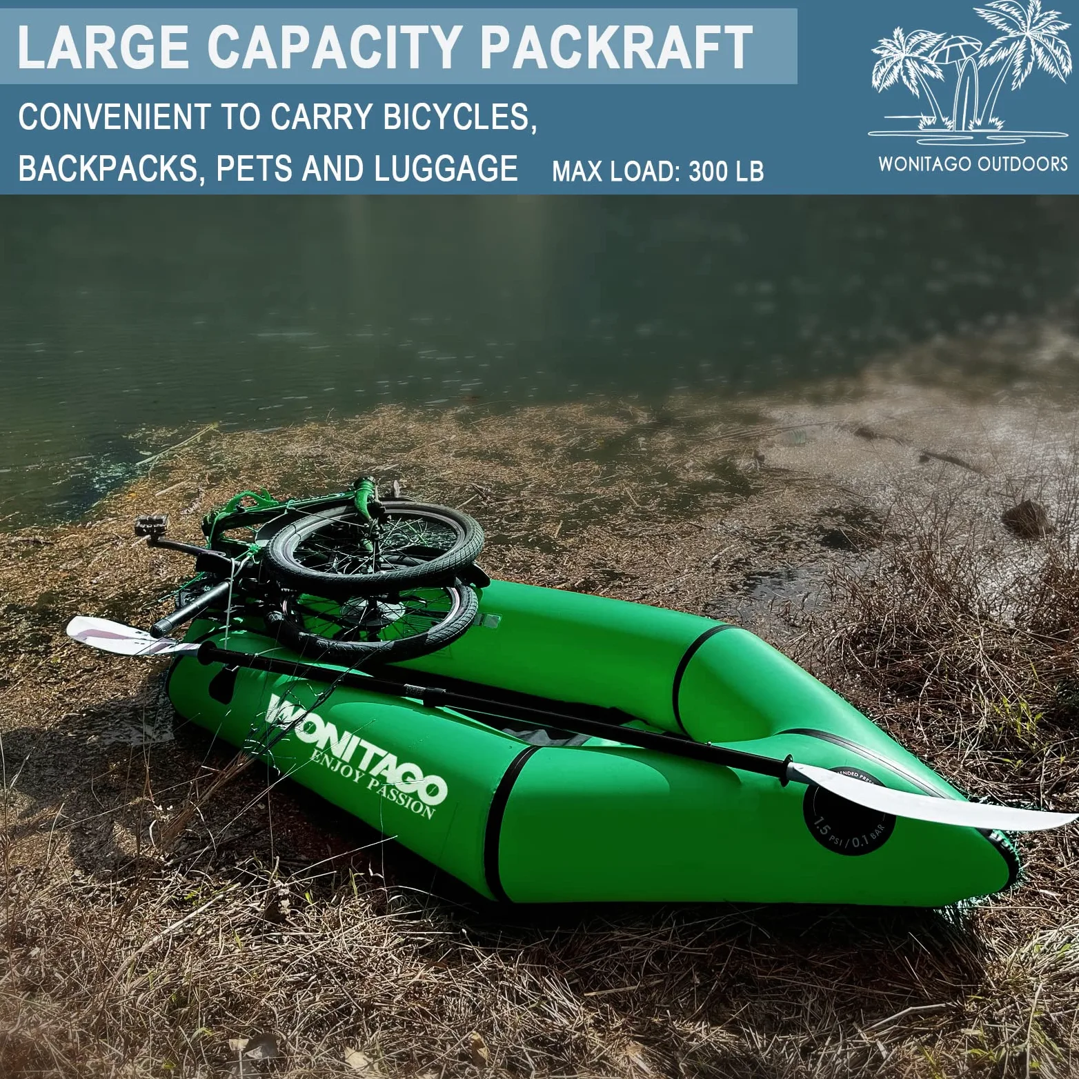 Packraft Kayak de Viaje Inflable de TPU con Asiento Suave Ligero para Rafting de Aguas Poco Profundas, para Rafting de Bicicleta, Bote Inflable, 2,1 m, Color Verde | Asiento inflable, adecuado para rafting de agua plana, bicicleta, bote de agua litewater,