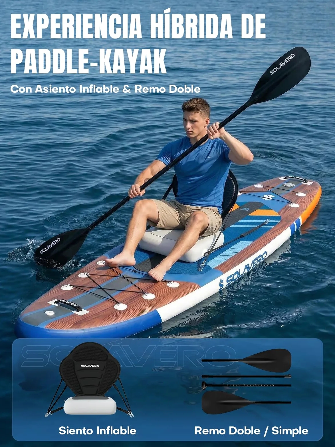 SOLAVERO Tabla Paddle Surf Hinchable 2 Personas 350 x 89 x 15 cm Sup Capacidad 210kg con Asiento Desmontable, Remo Ajustable, Bomba, Correa de Seguridad, Funda Impermeable y Mochila