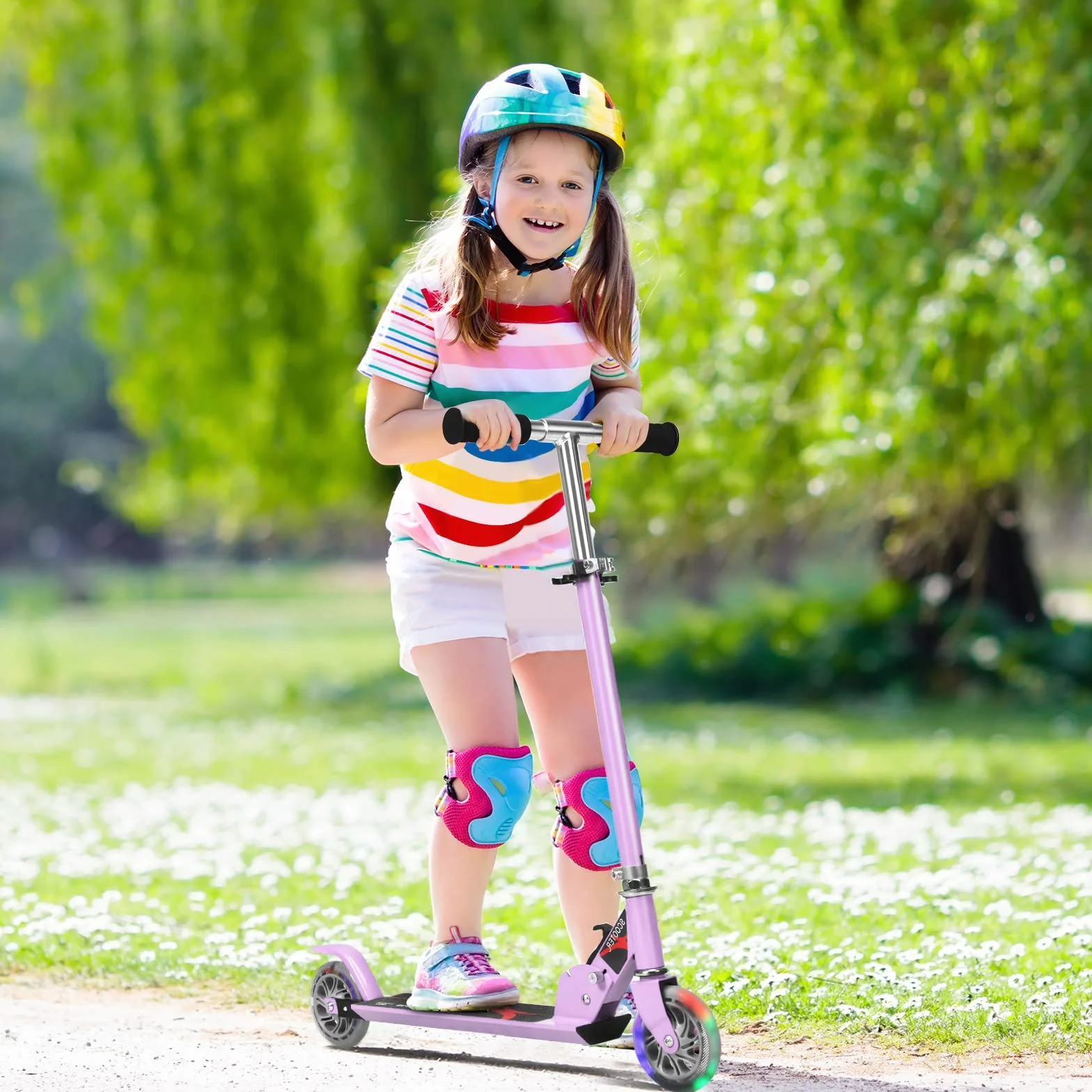 KOMFOTTEU Patinete para Niños 2 Ruedas LED Plegable Aluminio Altura Regulable Scooter Infantil Carga 70 kg 4+ Años