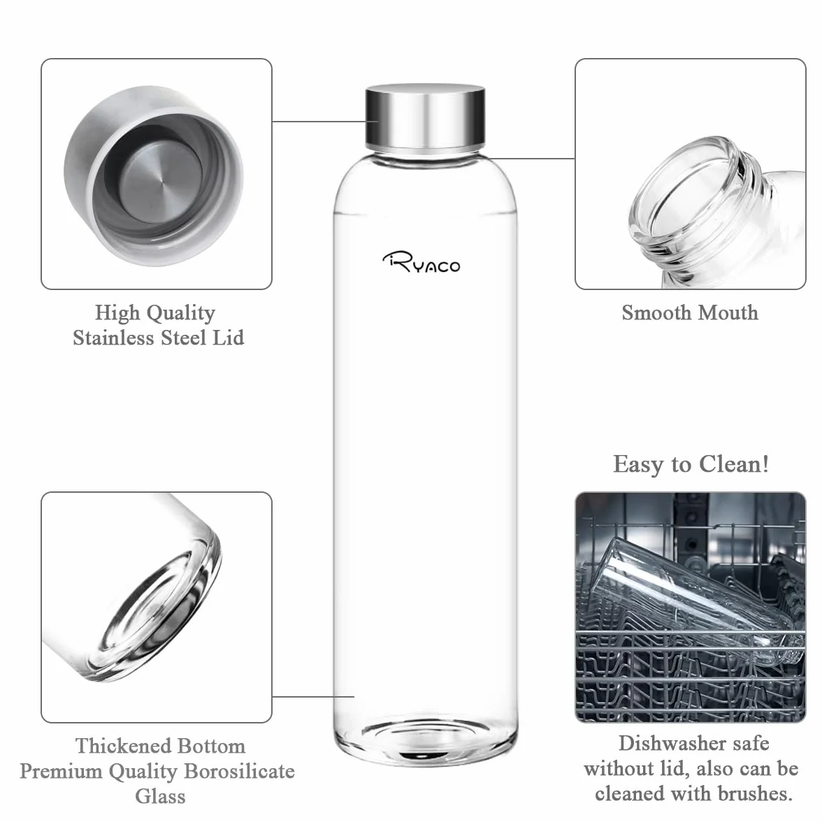 Ryaco Botella de Vidrio 550 ml/750 ml/1000 ml/1L, Botella de Vidrio de Borosilicato con Cubierta Protectora para Bebidas Frías y Calientes,sin BPA,con Cepillo de Esponja