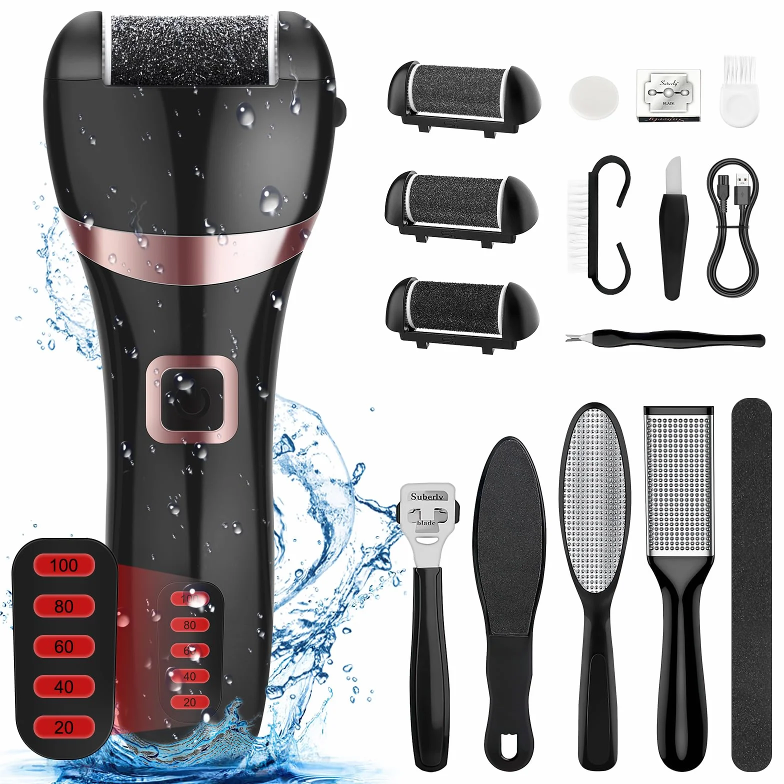 Lima Electrica Pedicura Profesional Recargable IPX7 Impermeable Metal 3 Recambios 5 Niveles 1200MAH 2 Velocidades
