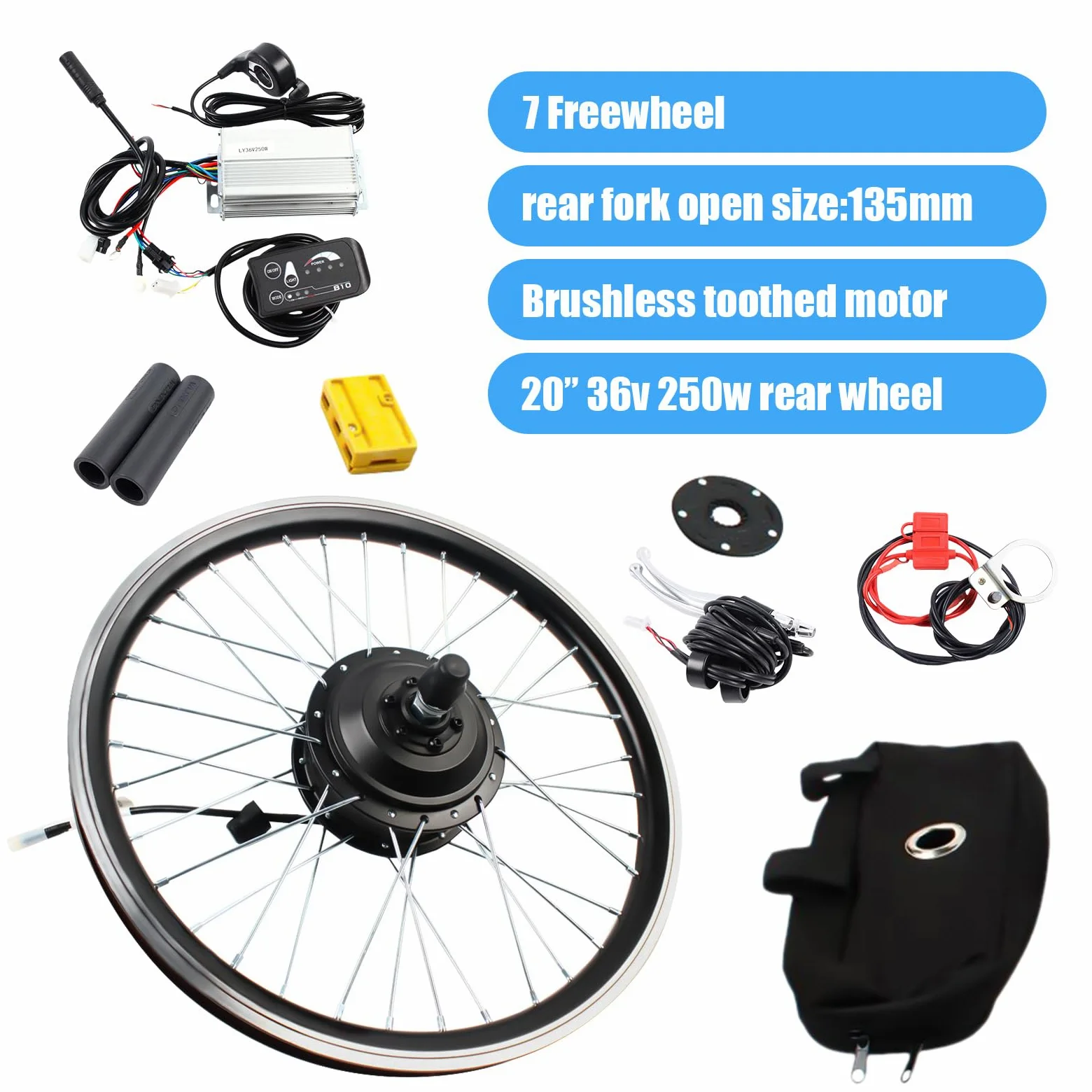 Kit de conversión de bicicleta eléctrica de 20 pulgadas 36 V 250 W – Kit de conversión de rueda trasera de motocicleta con pantalla LED – conversión de bicicleta eléctrica para viajes diarios y