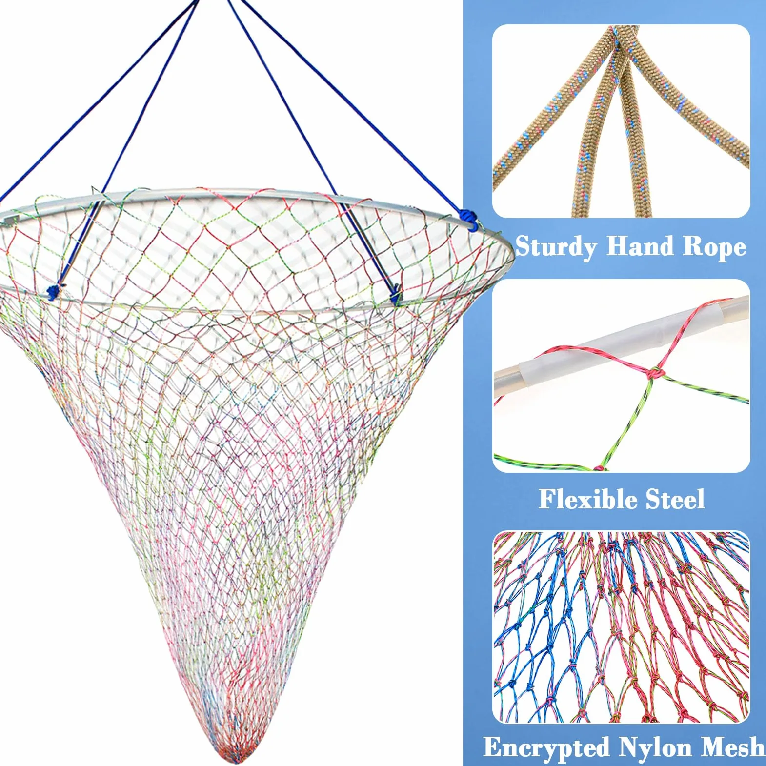 Red de pesca de puente y muelle, diseño resistente para peces grandes, red de pesca portátil con cuerda, aro de acero suave grueso, red colorida de doble línea, cuerda y bolsa de
