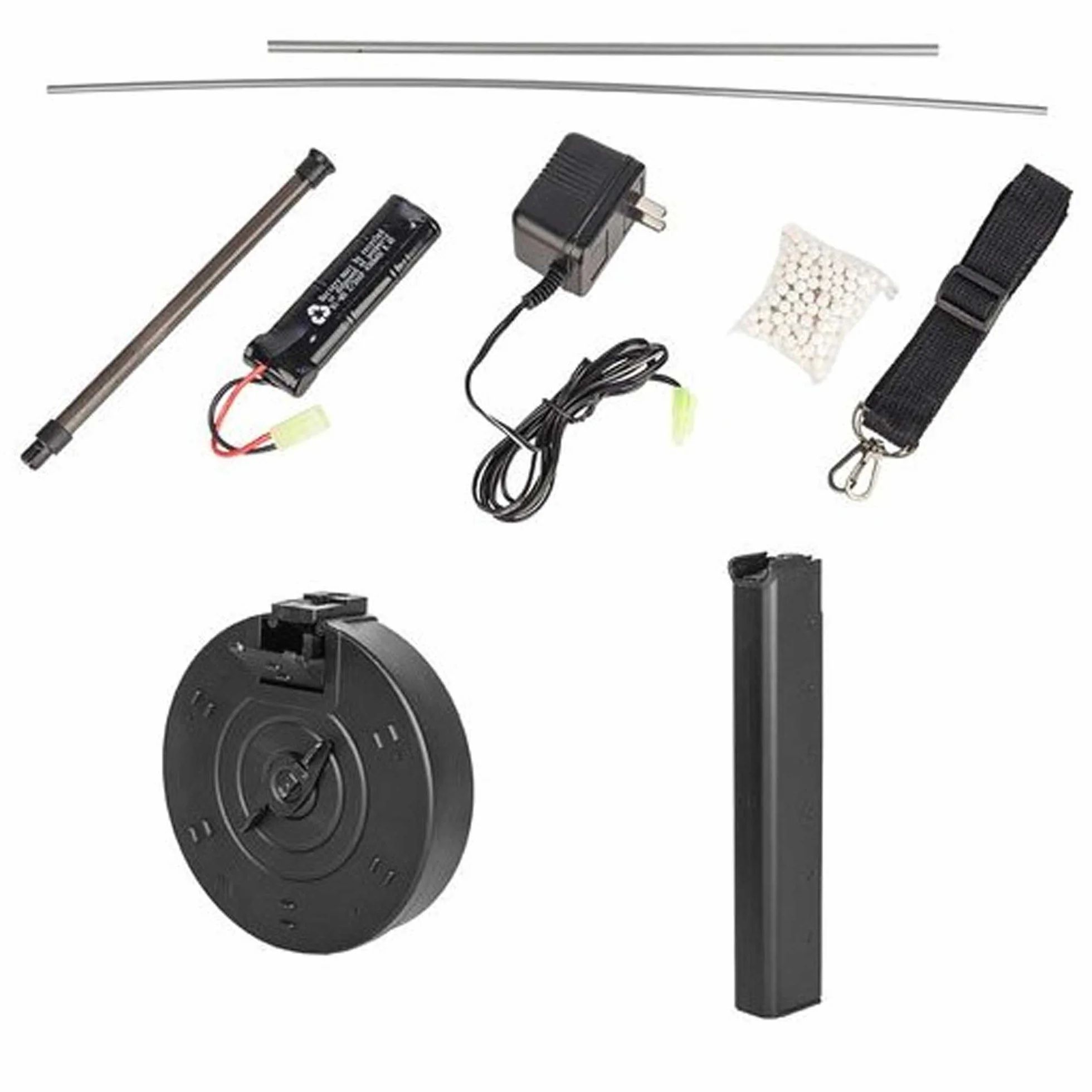 Embalaje Rifle de Airsoft Modelo D98 Estilo Chicago/Modelo eléctrico/Colores: Negro y Madera/Materiales: plástico de Alta Resistencia/Potencia 0,5 Julios/Se suministra con Accesorios
