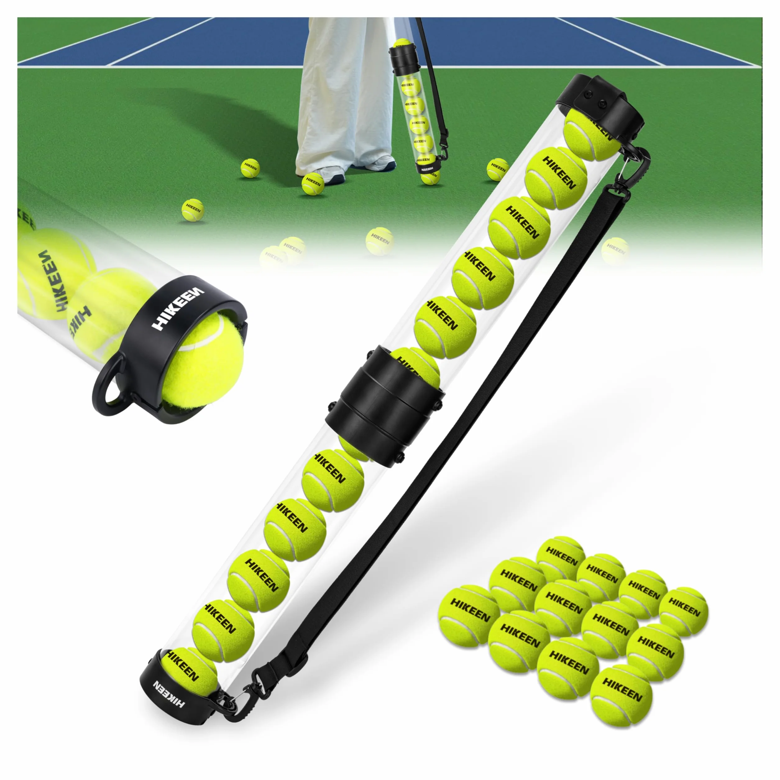BOOSTEADY Tubo Recogedor de Pelotas de Tenis Duradero con 12 Pelotas de Tenis, Recogida Rápida y Almacenamiento, Tubo con Correa para Hombro