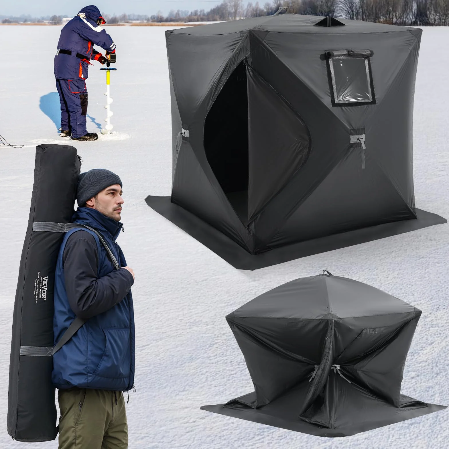 VEVOR Portable Pop-Up Ice Fishing Tent, 1-8 Person Insulated Ice Shelter, Large Fishing Area, Hub-Style Ice Shanty for Winter Fishing, Waterproof Oxford Ice Cube with Anchors/Ropes/Carrying Bag