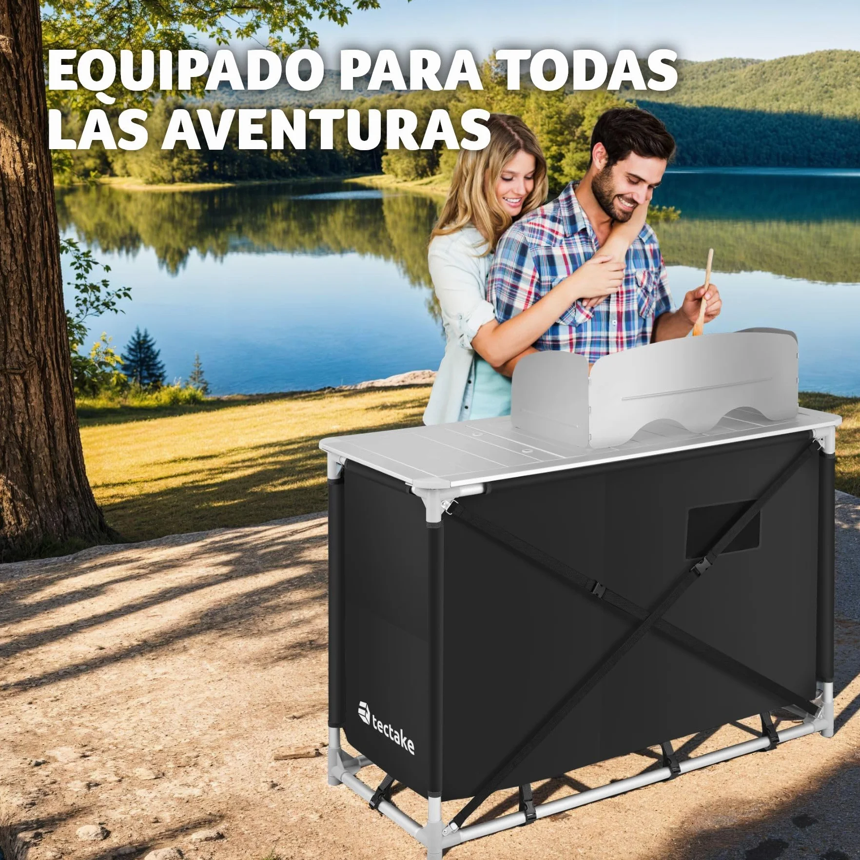 tectake® Cocina de Camping Plegable, Ligera, con Bolsa de Transporte, Accesorios de Cocina, Mesa Plegable Camping, Estructura de Aluminio - Negro
