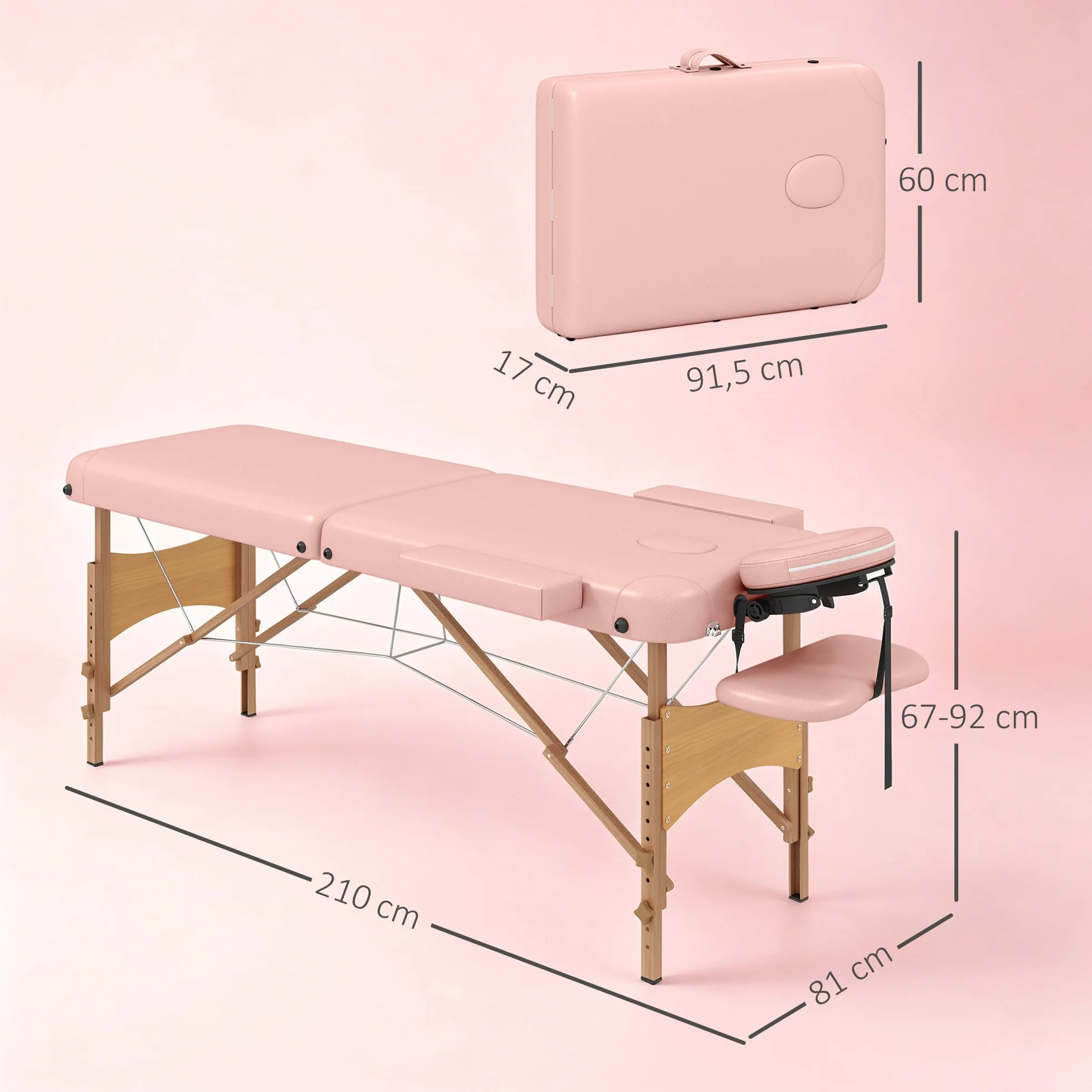 HOMCOM Camilla de Masaje Plegable 210x81 cm Profesional con Reposacabezas Extraíble y Altura Regulable Rosa