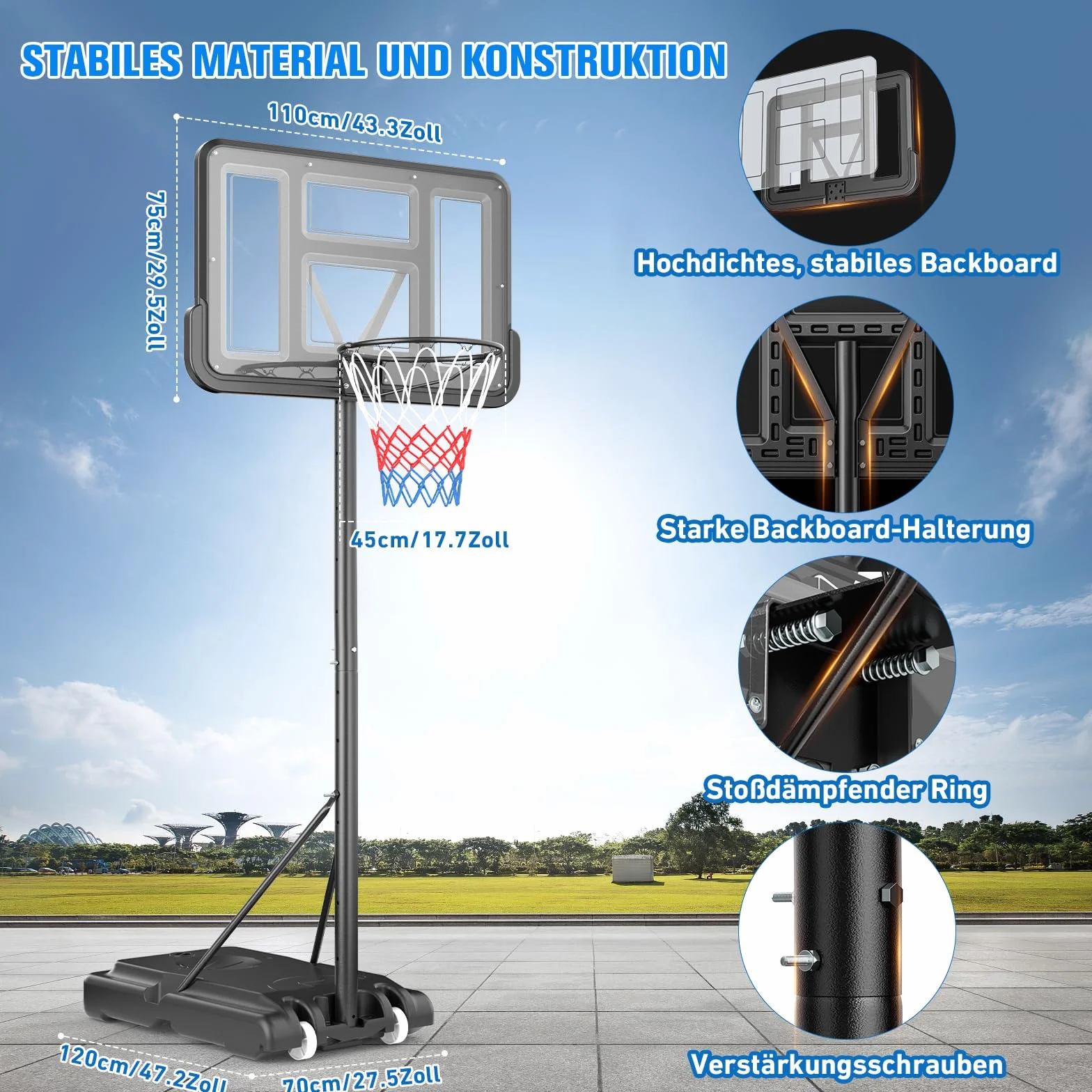Canasta de Baloncesto para Exteriores Soporte Ajustable 128-305 cm para Niños Adolescentes Adultos Patio Trasero Interior