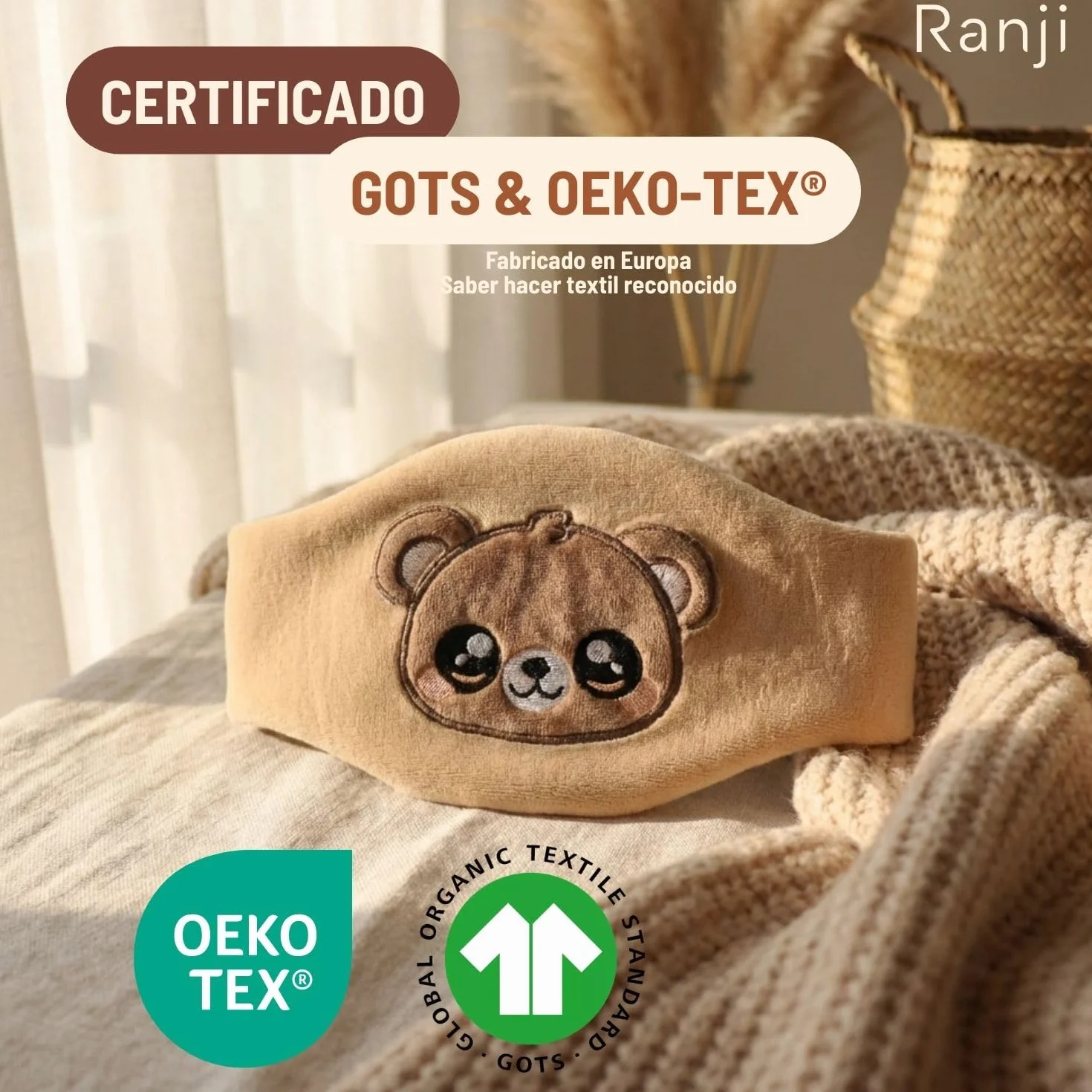 Cinturón Anticólicos Bebé con Huesos de Cereza - Saquito de Semillas para Cólicos Bebé Recién Nacido, Algodón Orgánico GOTS & Certificación OEKO-TEX, Apto Microondas (Osito)