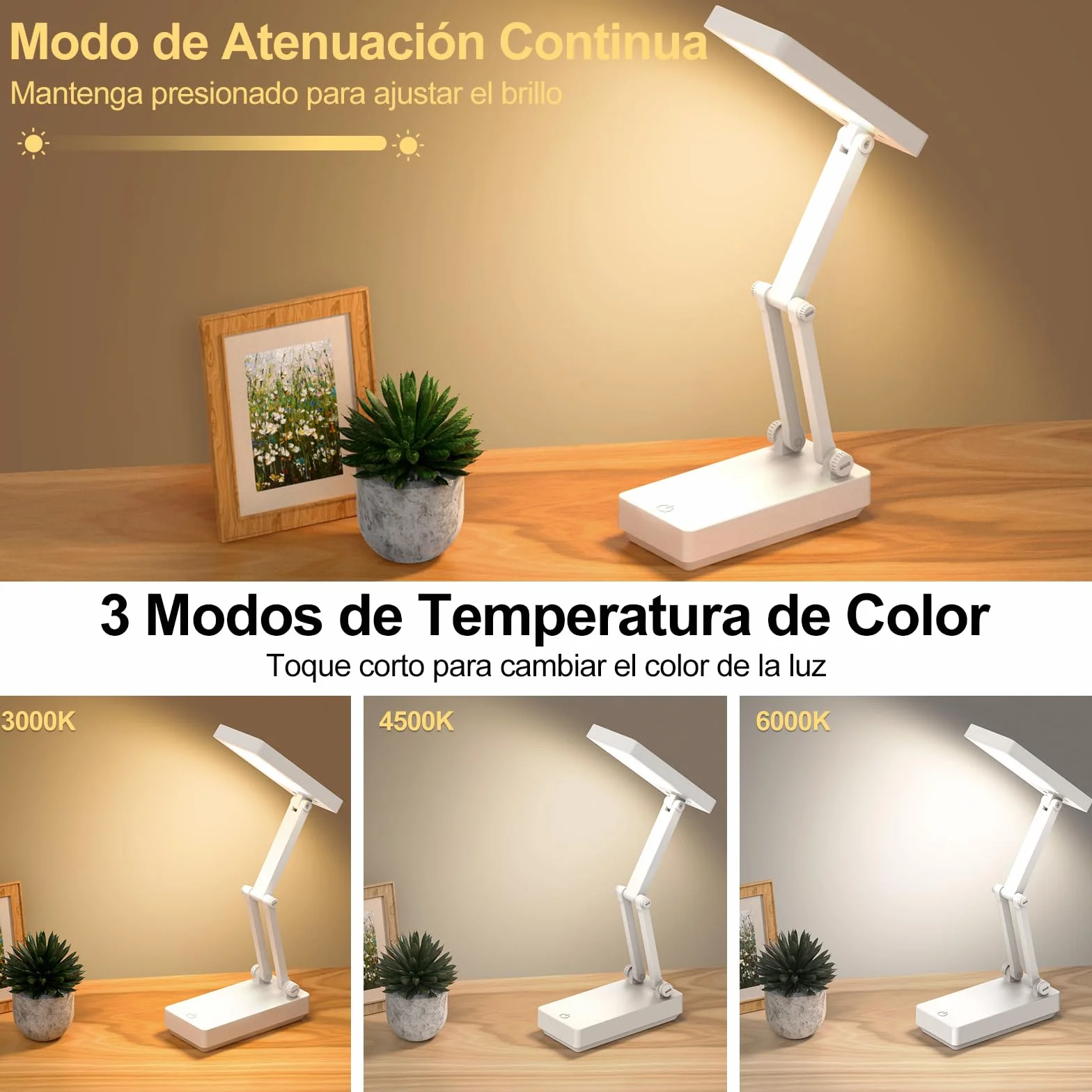 Lámpara Escritorio LED Recargable 2400 mAh Plegable Táctil 3 Modos