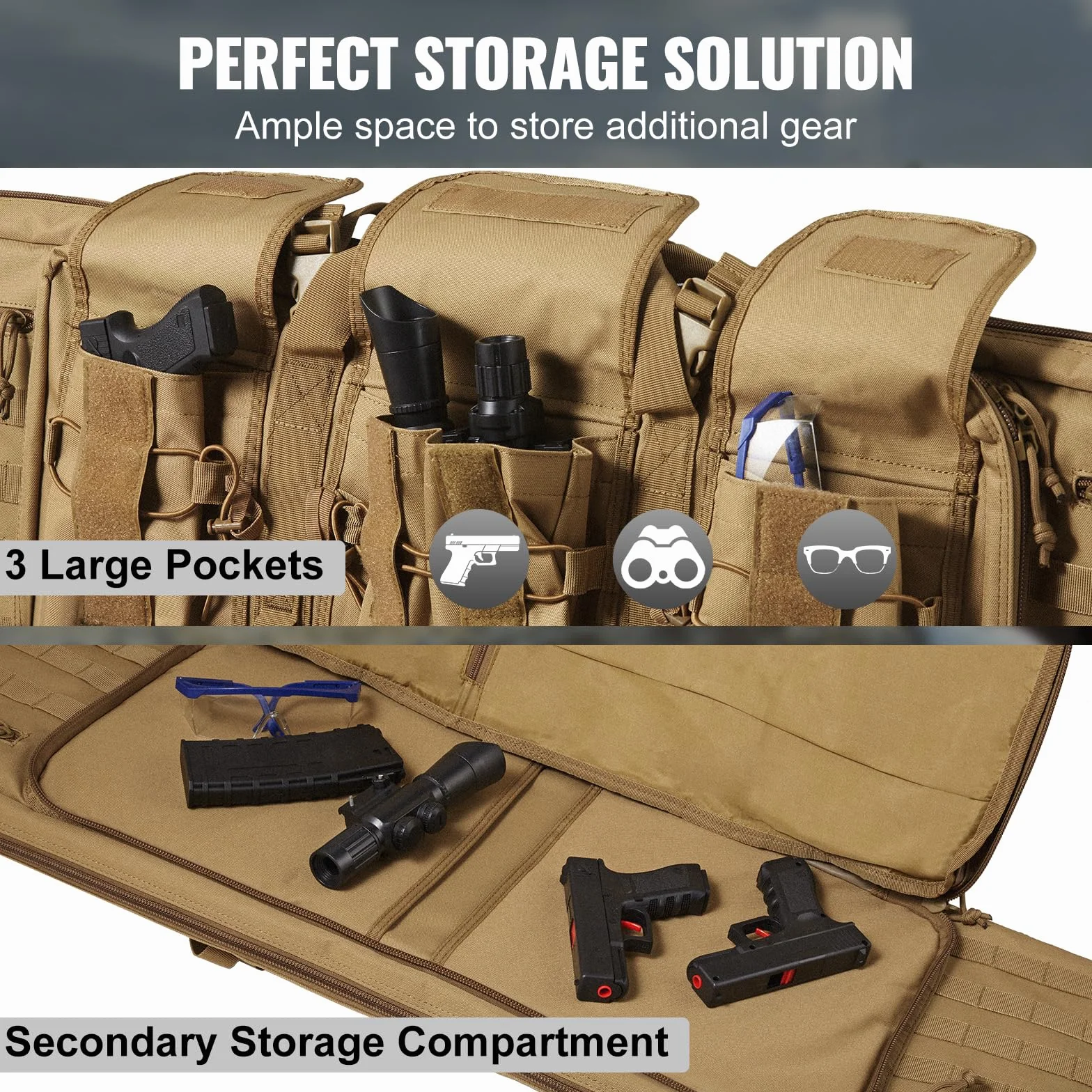 VEVOR Estuche para Rifle Bolsa Táctica Larga para Transporte de Armas 107cm con Sistema MOLLE Funda para Rifle con Correa para Hombro Cremallera con Cerradura para 2 Rifles 102cm y 2 Pistolas, Marrón