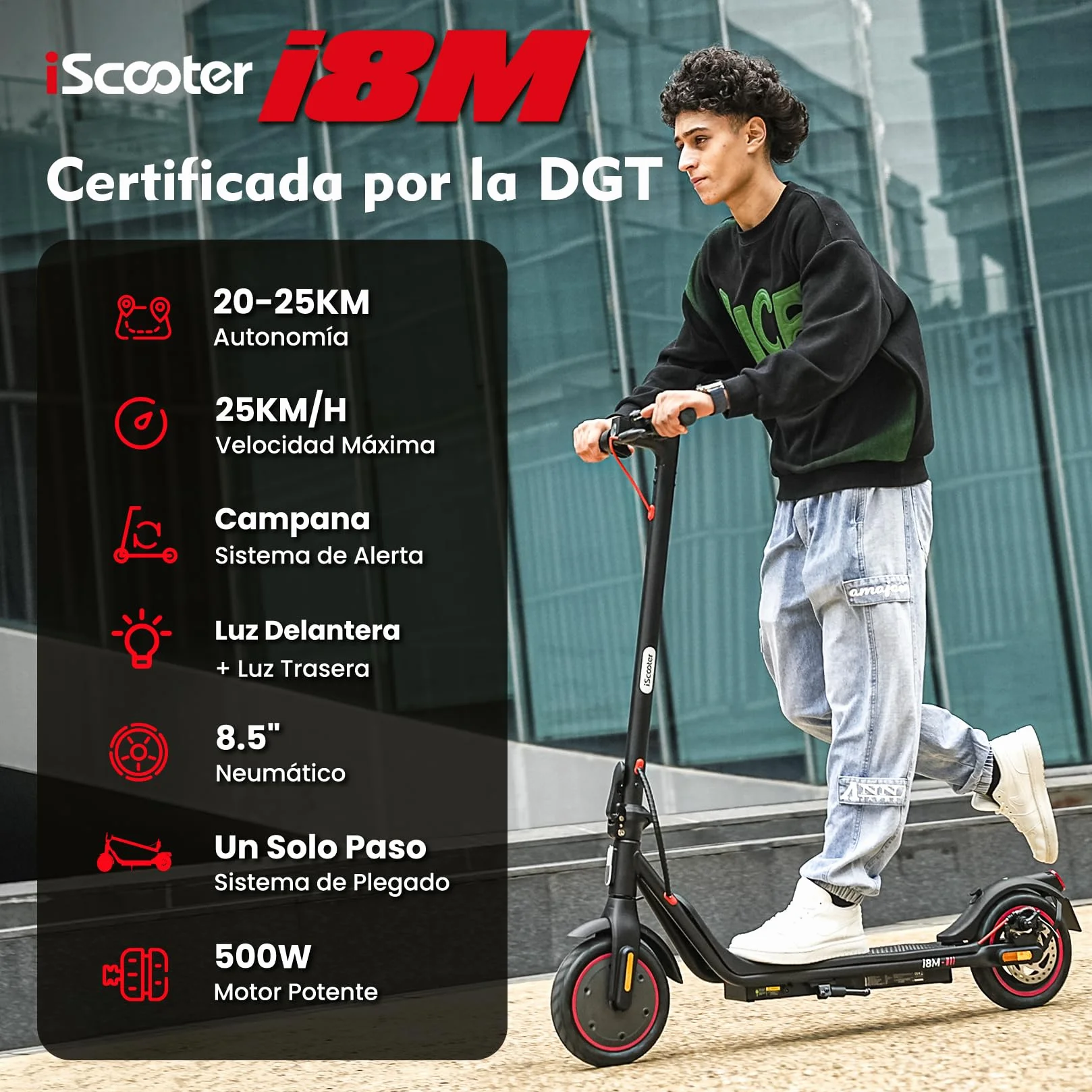 iScooter 8.5" Patinete Eléctrico Adultos Homologado DGT, 500W Motor, Autonomía De 20-25 KM, Máxima 25KM/H, Timbre, App, Frenado Doble, Plegable, Carga 120 KG, 13 KG