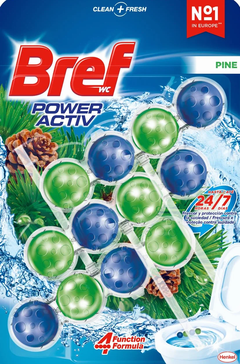 Bref Power Activ Pine 3 unidades limpiador baño 4 en 1 cesta higiénica protectora inodoro aroma Pino antical 24 h protección