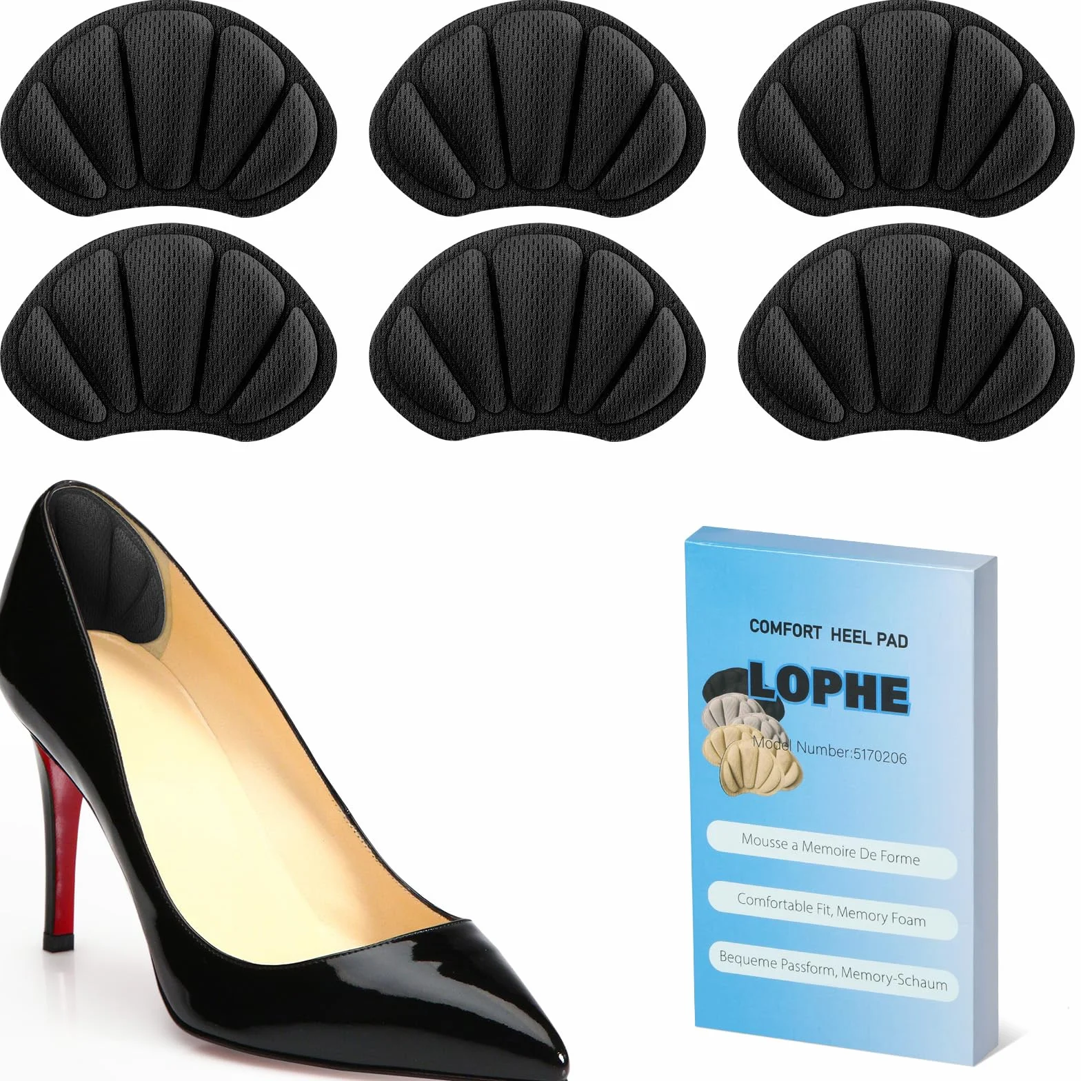 LOPHE Almohadillas para Talones 3 Pares Autoadhesivas Protector de Talon Esponja Antirozaduras Reducir Talla Zapata Negro