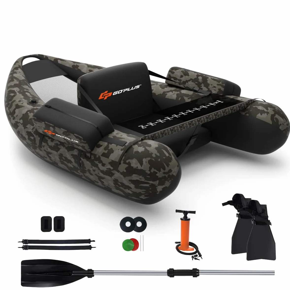 GOPLUS Barco de Pesca Inflable. Barco Neumático Flotante con Respaldo Ajustable para Pesca Camuflaje, Botes y Carga Máxima 160 kg, 136x105x54 cm