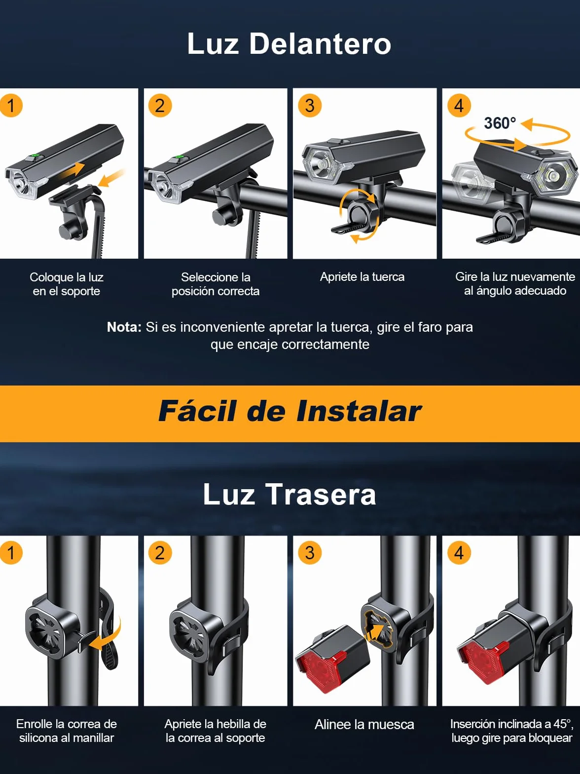 Glangeh Luces Bicicleta Delantera y Trasera Recargables Súper Brillantes, 4+6 Modos Luz Bicicleta Delantera LED,Luces Laterales, IP65 Impermeable- Accesorios Iluminación Bicicleta para Día/Noche Niños