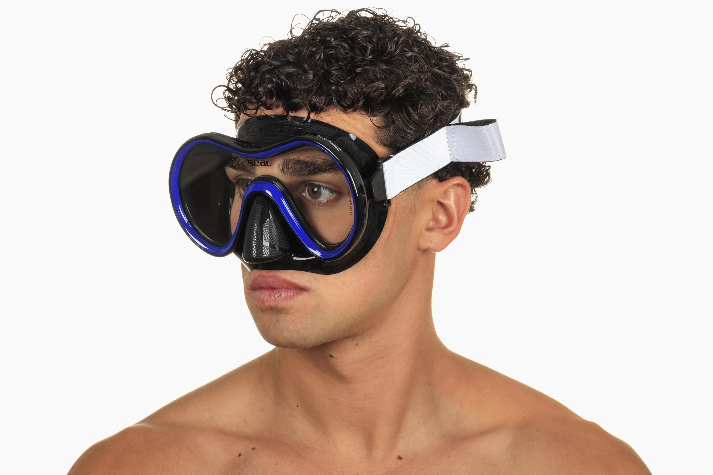 SEAC Sunrise máscara de Buceo y Snorkel de una Sola Cara de Vidrio Templado con Hebilla 3D, con Casco de Tela o Silicona, Unisex Adulto
