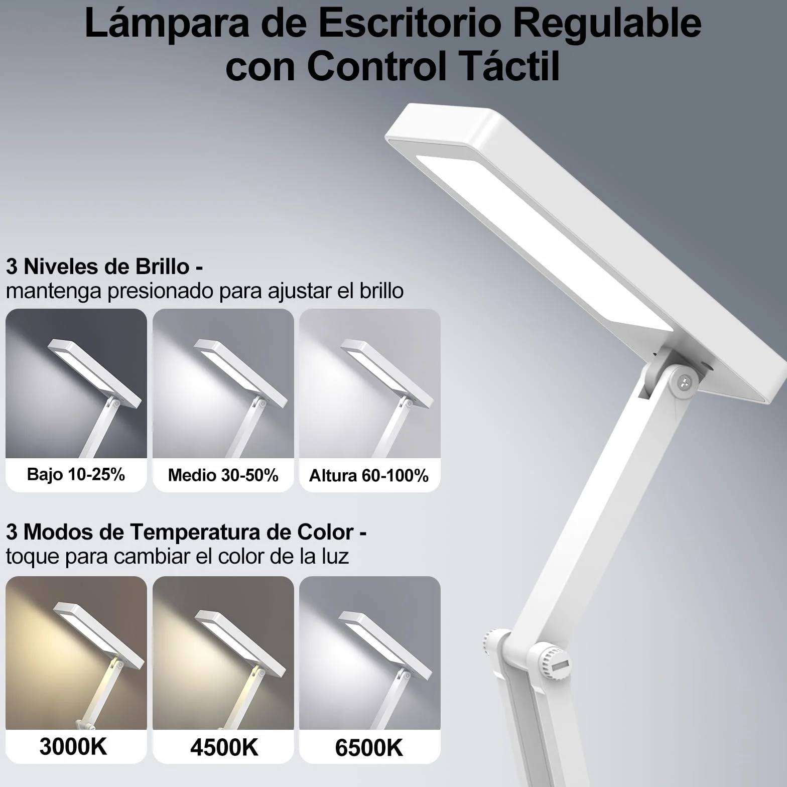 Lámpara Escritorio LED Recargable 2400 mAh Plegable Táctil 3 Modos