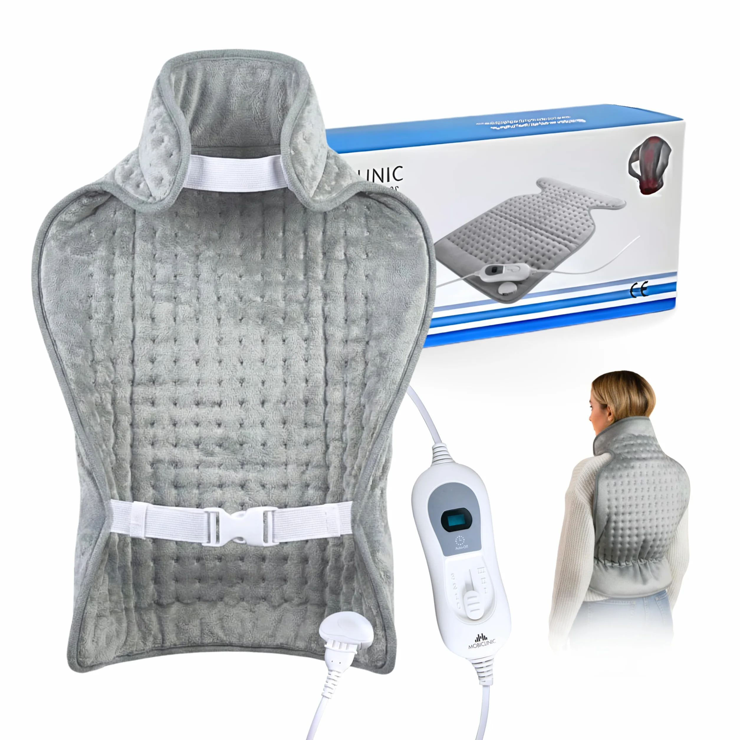 Mobiclinic Almohadilla eléctrica dorsal cervical 62x43 100W 3 niveles calor Apagado automático Lavable