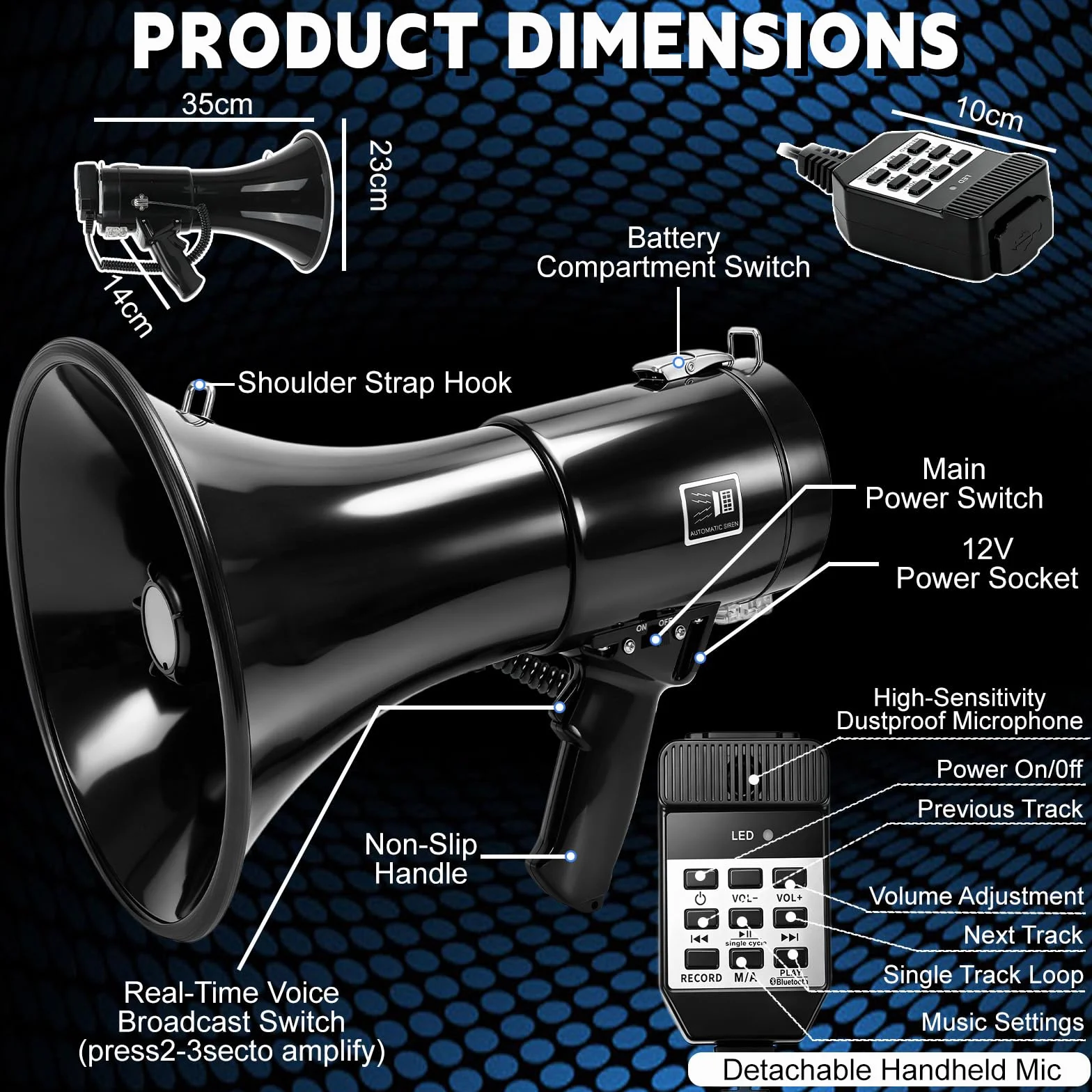 WingFly Megáfono 150W Bluetooth Grabación Alcance 2000m Altavoz Sirena Micrófono Externo USB