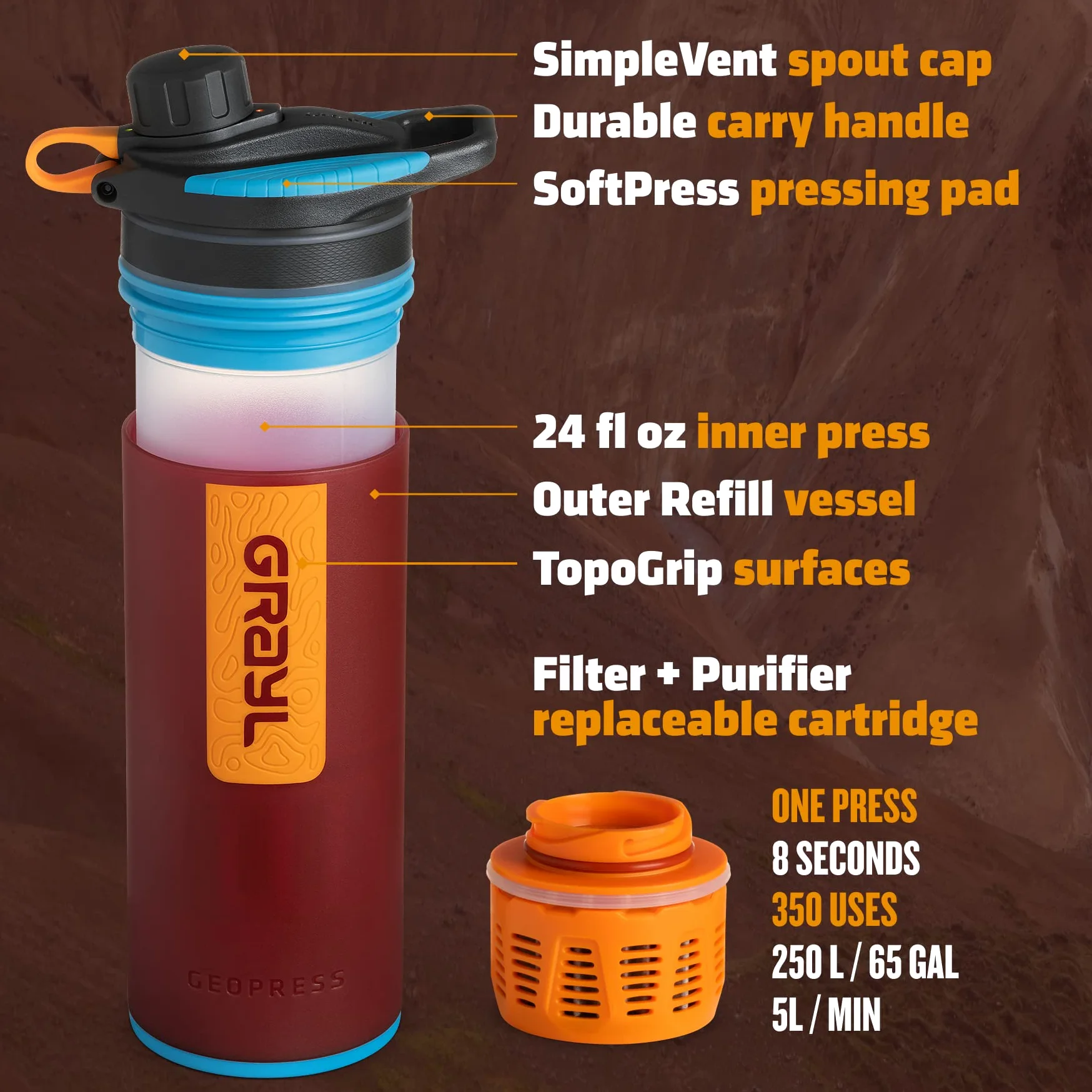 GRAYL GeoPress - Purificador de agua para viajes en todo el mundo, senderismo, camping y supervivencia, 680 ml, color rojo | Purifica el agua en 8 segundos para senderismo, mochileros, camping, supervivencia y viajes, elimina virus y bacterias