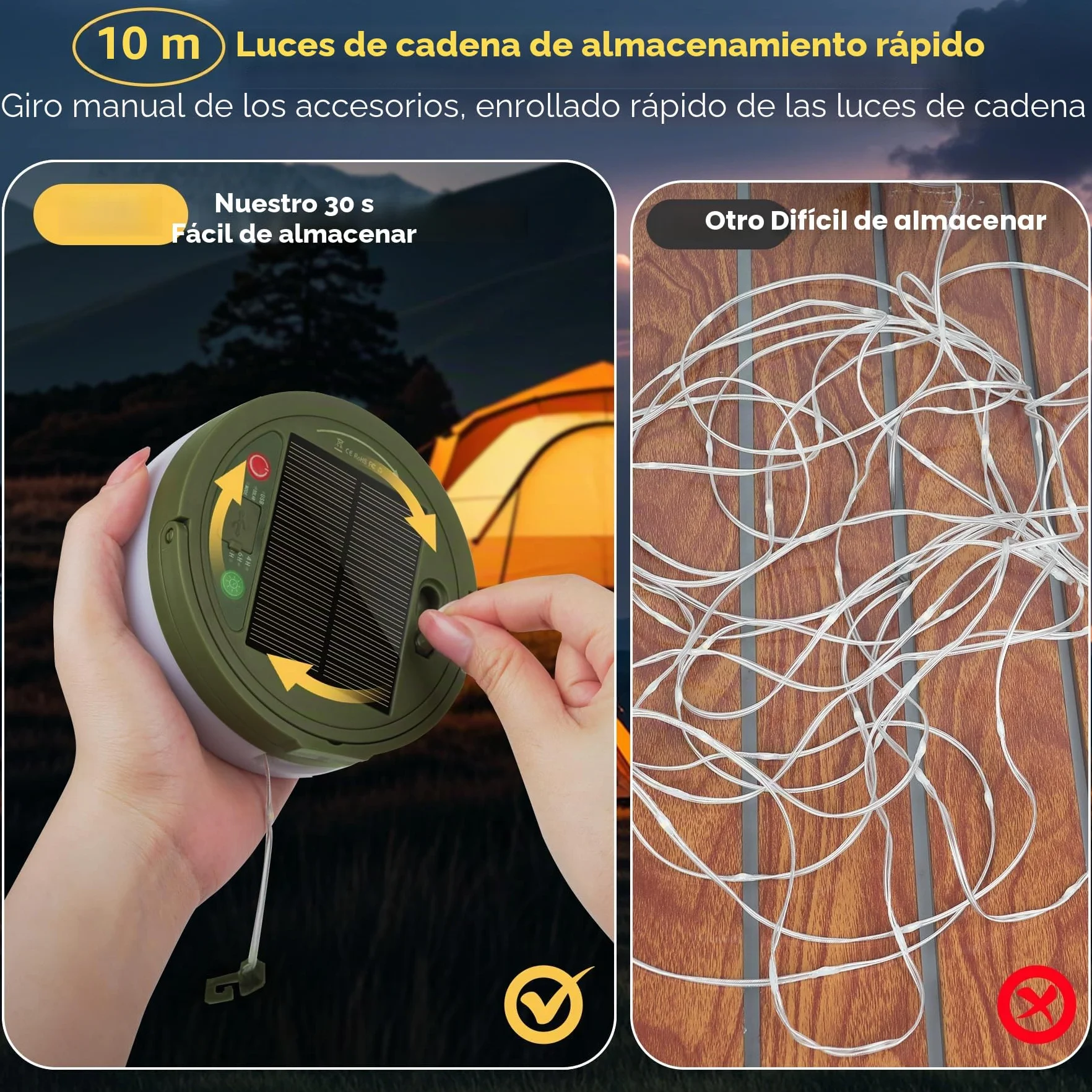 Retráctil Cadena de Luces para Camping 10M, 3 en 1 Impermeable Solar USB 8 Modos Iluminación
