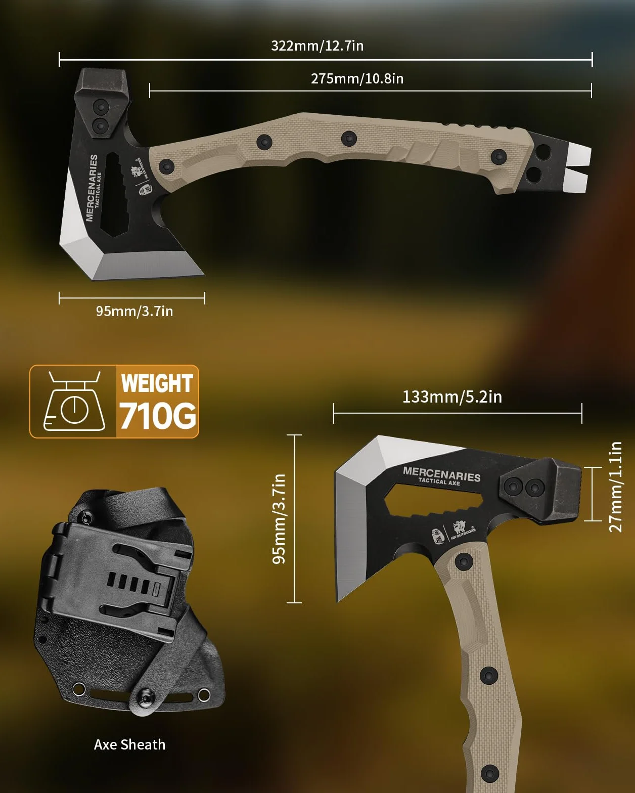 HX OUTDOORS Hacha Multifuncional, Hacha De Supervivencia Y Acampada, Hacha De Bushcraft De Acero Inoxidable con Hoja De Hacha Y Mango G10, con Martillo, Punta Hexagonal Y Extractor De Clavos