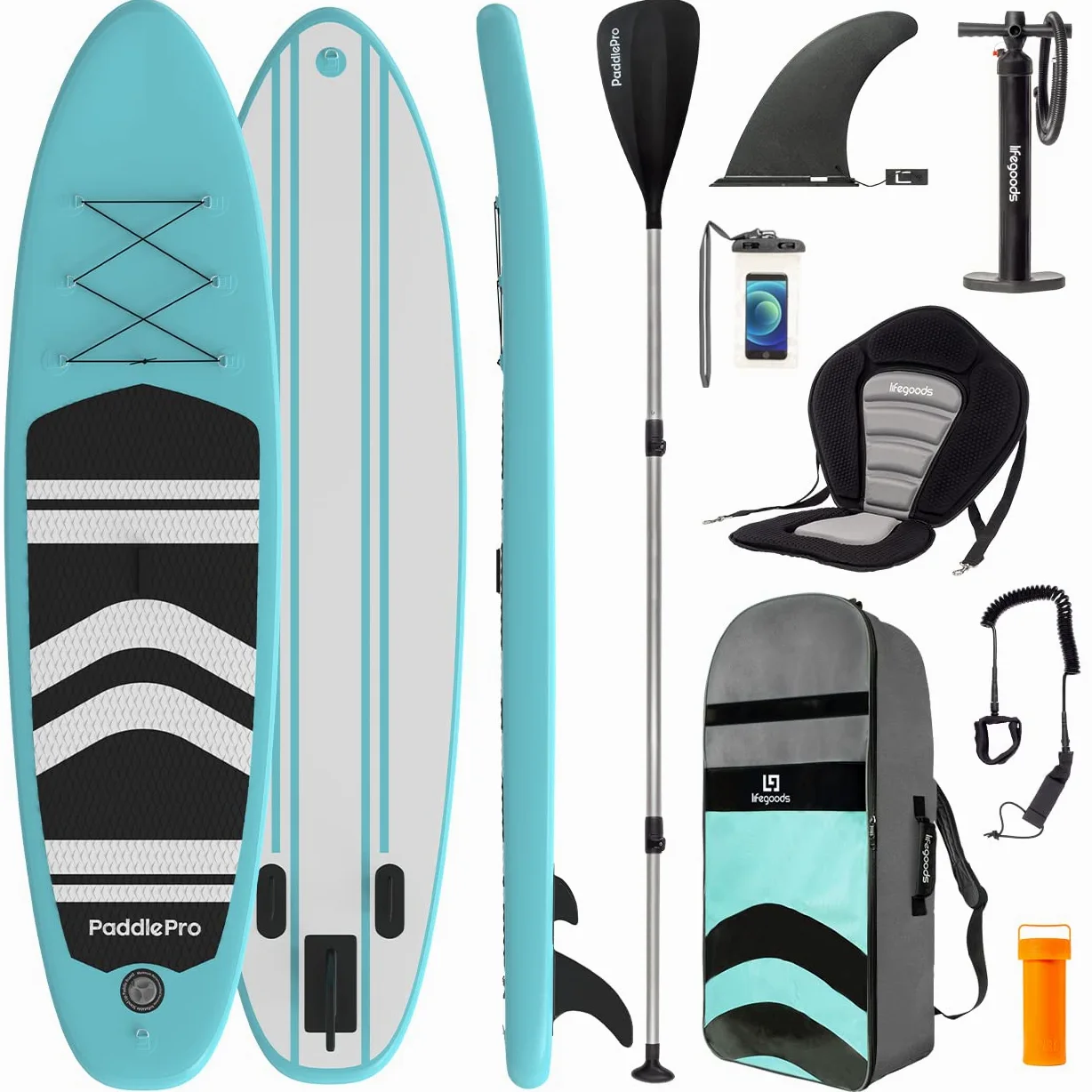 LifeGoods Tabla Paddle Surf Hinchable con Asiento - Padel Surf - Stand Up Paddle Board Completo - Remo Ajustable de Aluminio - Bomba, Mochila y Aletas Incluidas - 320x81x15cm - hasta 150kg