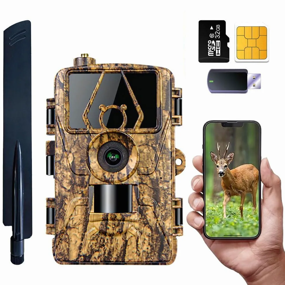 Cámara de Caza 4G LTE con App y Tarjeta SIM, 8K 60MP Camara Fototrampeo, Camara Caza Nocturna con IR Invisible, Sensor 0.2s de Tiempo Activación, IP66 Prueba de Agua para Monitoreo de Vida Silvestre