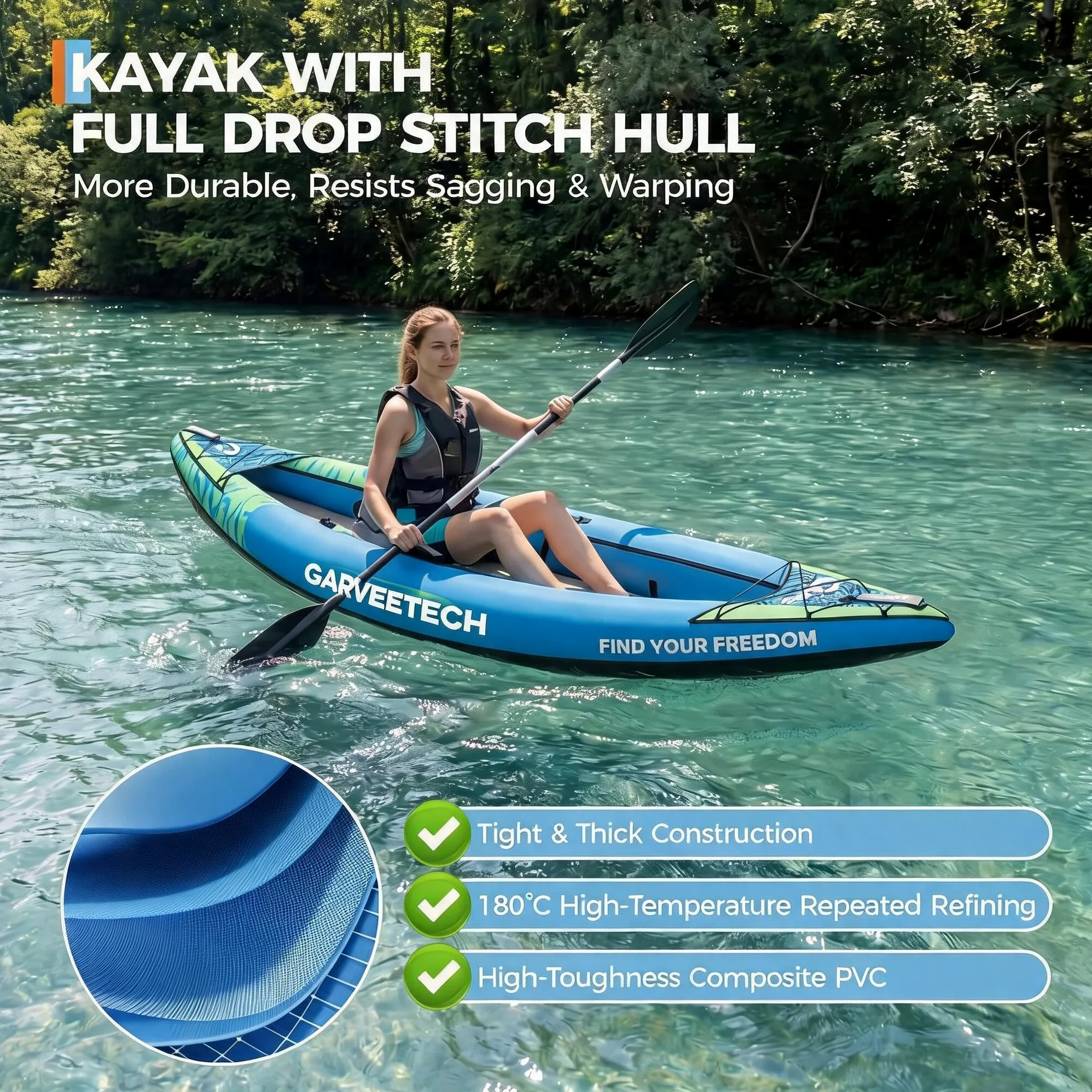 GarveeTech Kayak Inflable 1 Plaza, 900D Antipinchazos, 300x93x40 cm | Kayak inflable 1 plaza, 900D resistente a pinchazos, para lago y río, 300 x 93 x 40 cm