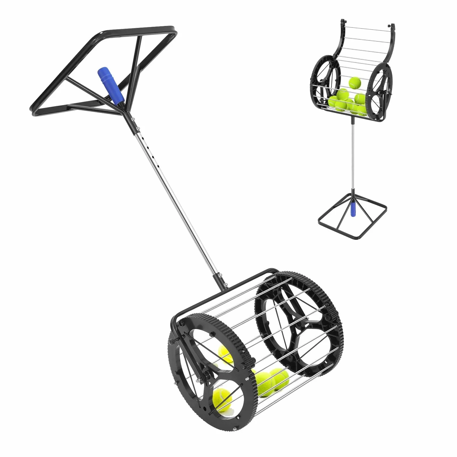 Recogedor automático de pelotas de tenis, capacidad de 80 pelotas, cesta de coleccionista de tenis 2 en 1, recogedor de pelotas rodantes con asa, tolva portátil para la escuela, club de cancha