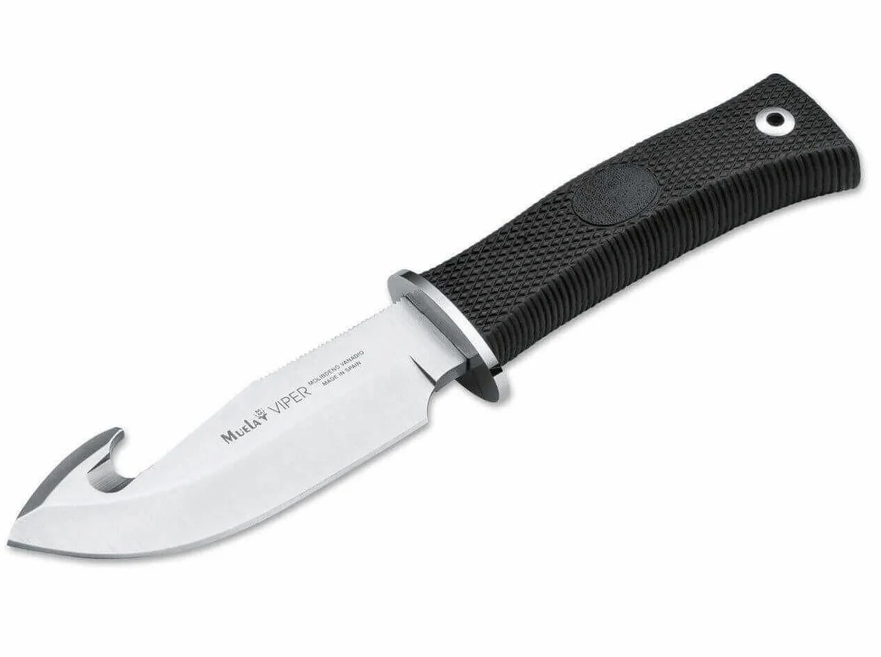 Muela Cuchillo VIPER-11G hoja de acero ACX-380 de 11 cm y empuñadura de mango de goma para Caza, Pesca, Supervivencia y Bushcraft Realizado en Ciudad Real + Portabotellas de regalo