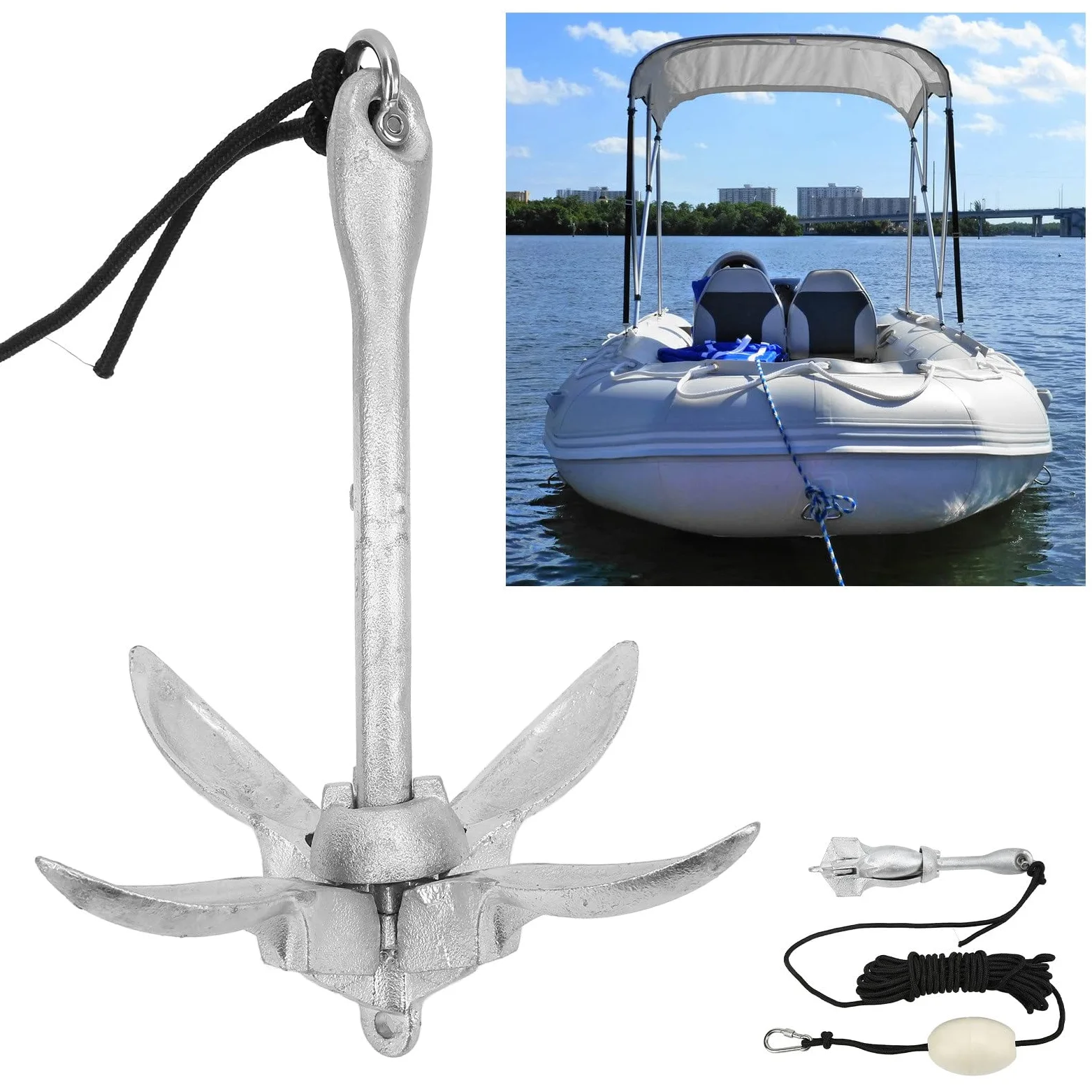 Juego De Ancla Plegable, Kit De Ancla Plegable Portátil De 4 Dientes De 3,5 Libras con Cuerda De 25 Pies, Ideal para Veleros Marinos, Kayak, Canoa Y Embarcaciones