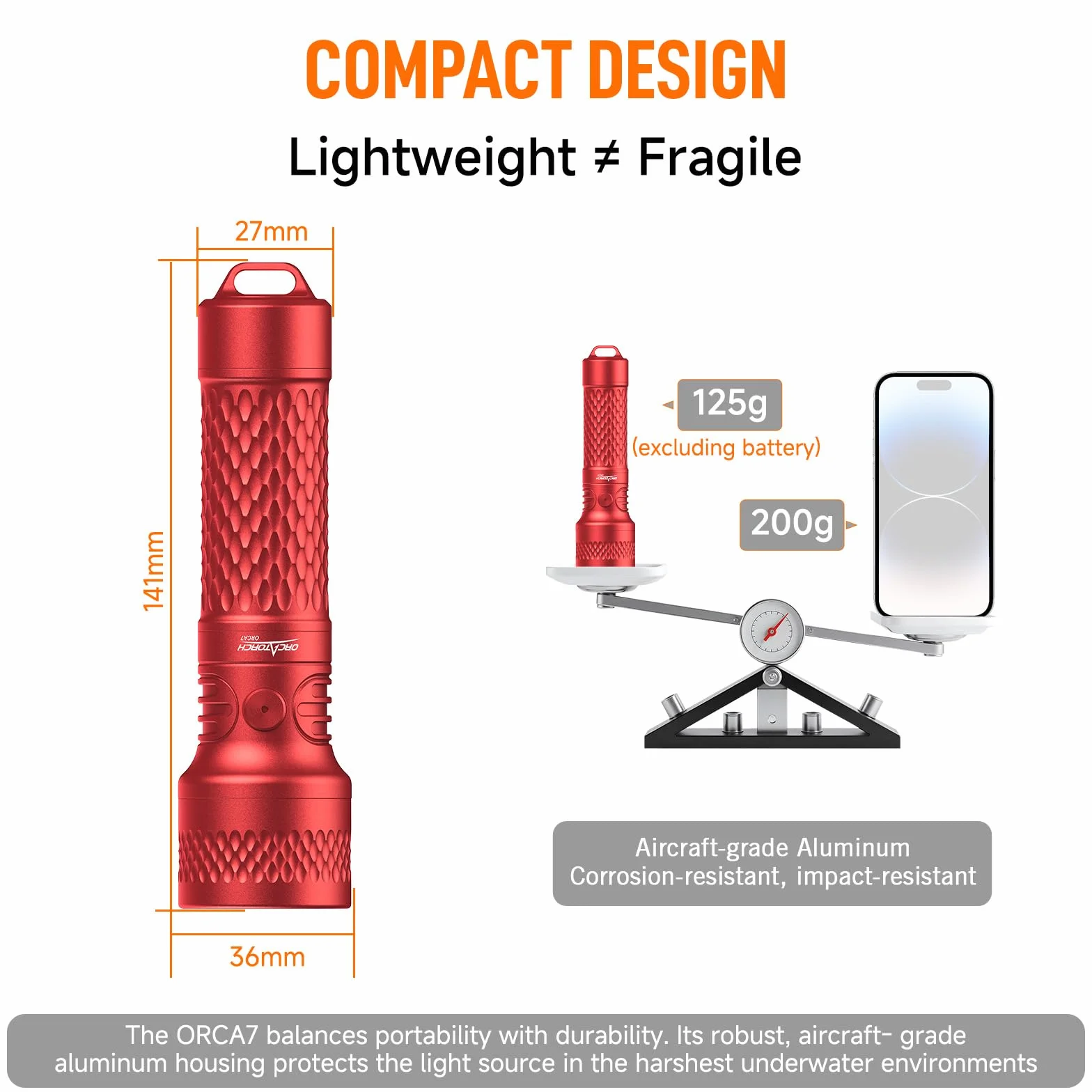 ORCATORCH ORCA7 Linterna Buceo,3000 Lúmenes Linterna de Buceo,Haz de 6° Linterna Submarina con SOS, Impermeable IP68 Hasta 150 m, Ideal para Buceo Nocturno,Exploración de Cuevas y Equipo Técnico(Rojo)