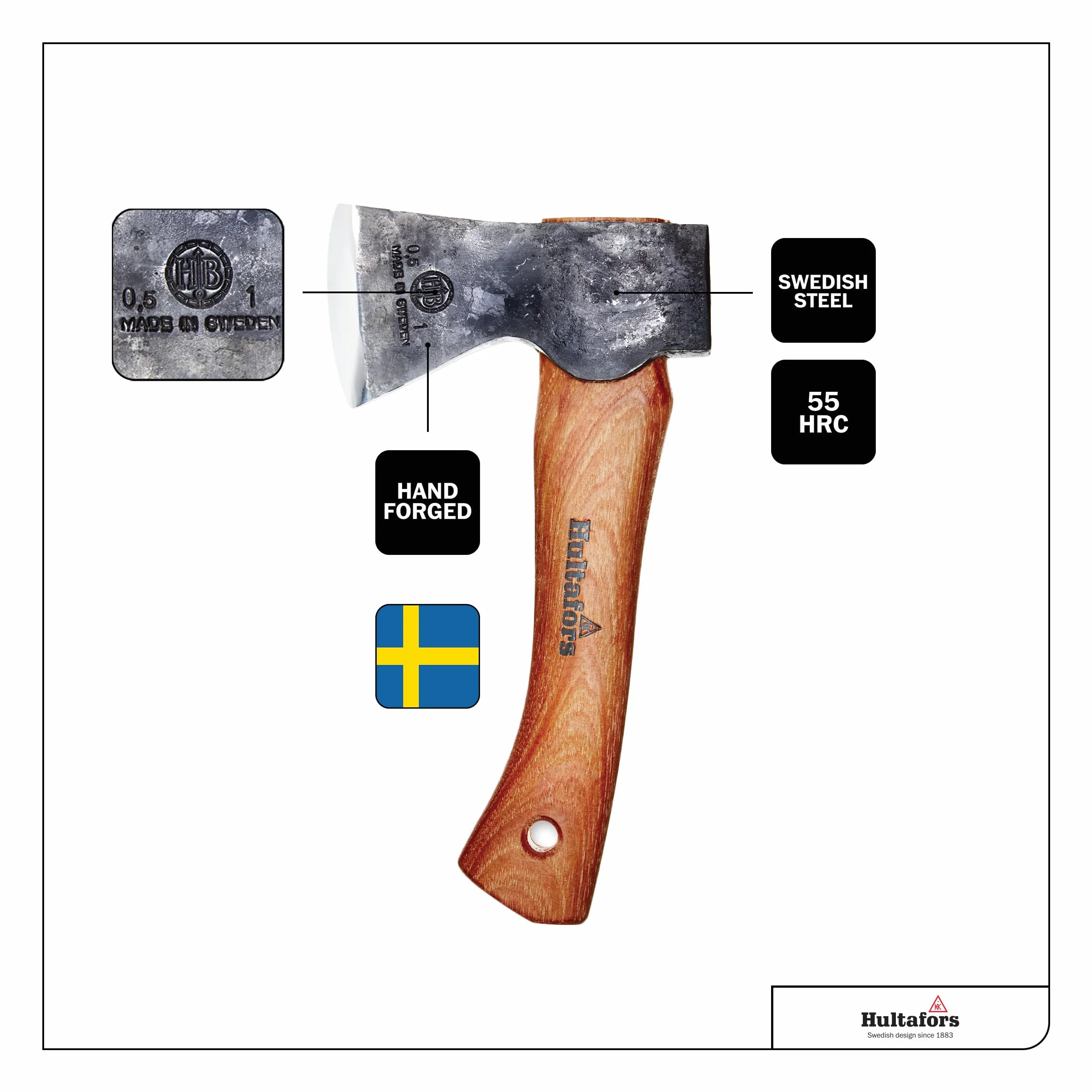 Destral Agelsjön forjada a Mano de 235mm Hecho de Acero Sueco I Hultafors I Hecho en Suecia I Hacha 775g Mango de Madera de Nogal Americano y Funda Protectora de Cuero I para reafilar I 841760