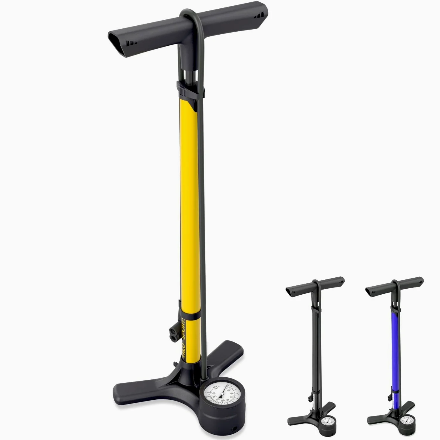 HiLo sports Bomba de aire de pie para bicicleta – [Se adapta a todas las válvulas] – Bomba de bicicleta de 11 bar con manómetro grande – Bomba de pie para bicicleta de acero lacado