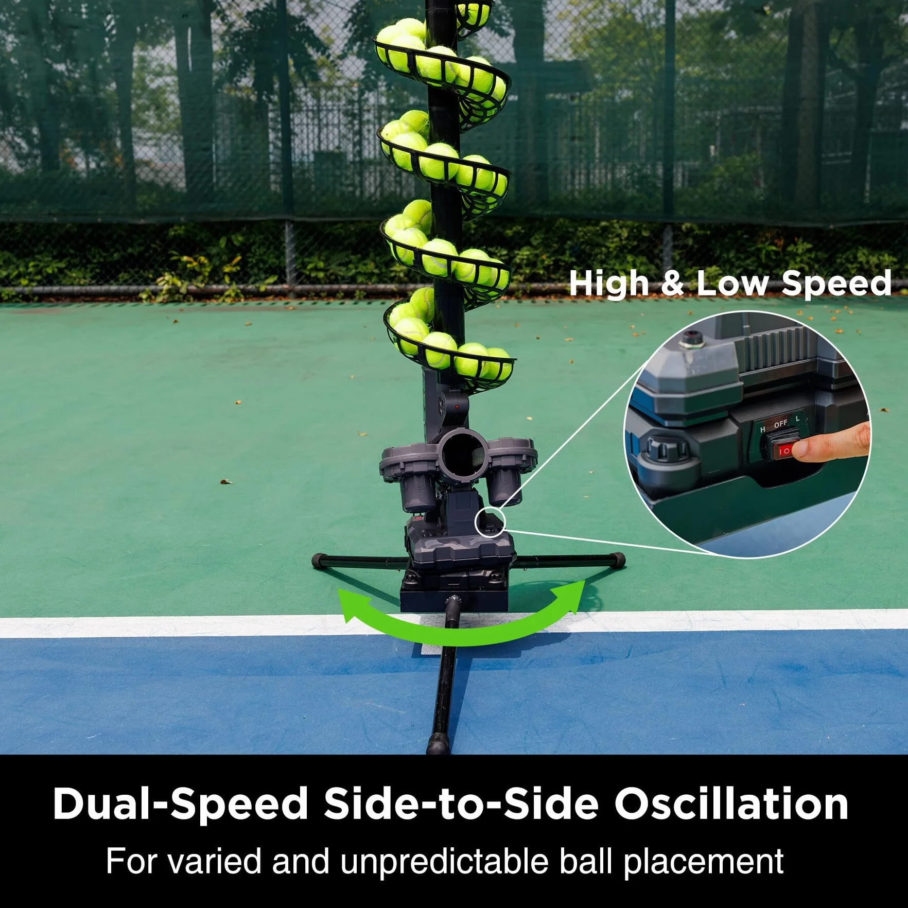 Furlihong 3807BH Máquina de Pelotas de Tenis con Base Triangular – Velocidad Ajustable, Oscilación Izq.-Der. y Movimiento Vertical de Lanzamiento, Entrenamiento para Todos los Niveles