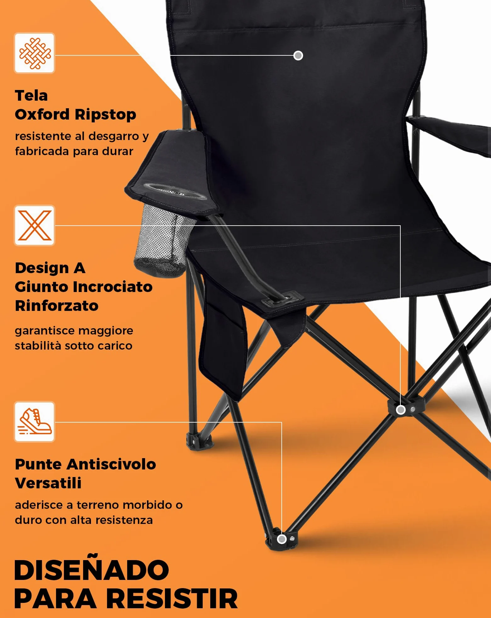 KingCamp Silla de Camping Plegable Ergonómica Acolchada 150 kg | Con Portavasos, Bolsillo Lateral, Solo 2,8 kg, Tamaño Compacto 15×15×93 cm para Camping, Jardín, Pesca y Exterior