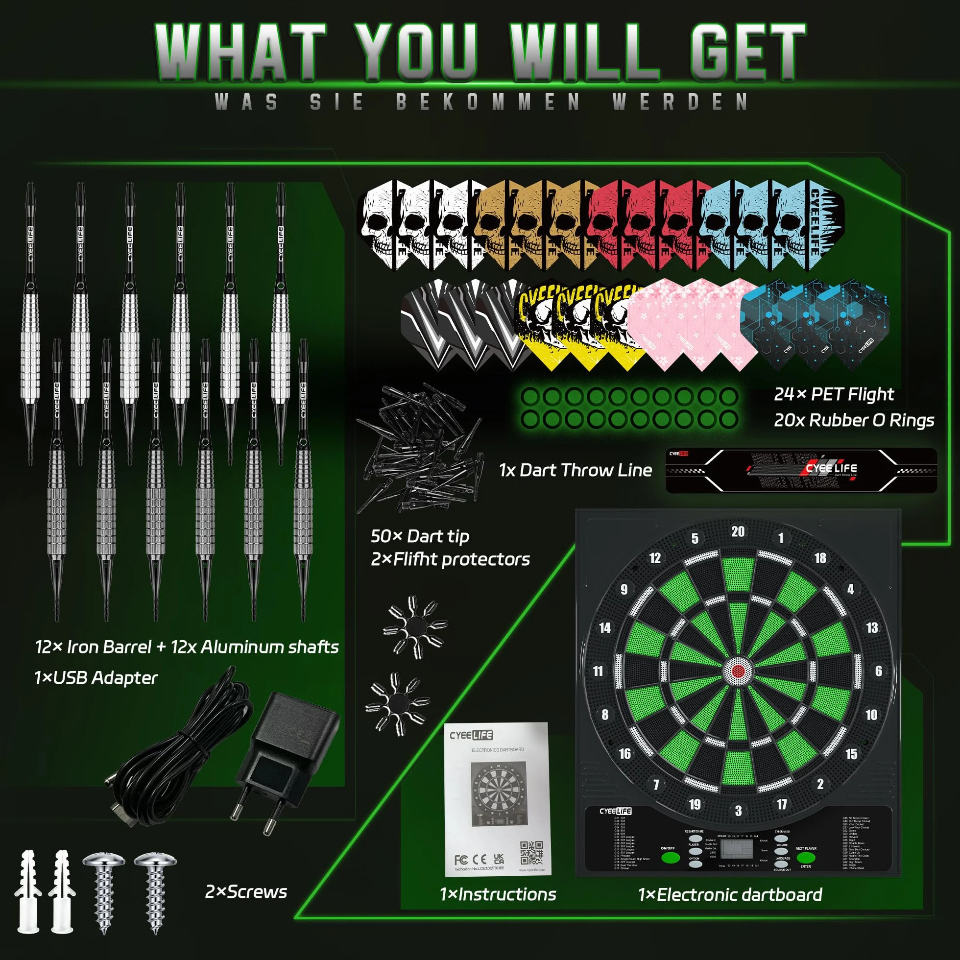 CyeeLife Dianas electrónicas, Dartboard de Profesional Set con 12 Flechas de Dardos 1 Dart Oche Line + 24 Vuelos Pro 50 Puntas de Flechas + Accesorios Dardo para 1 a 8 Jugadores