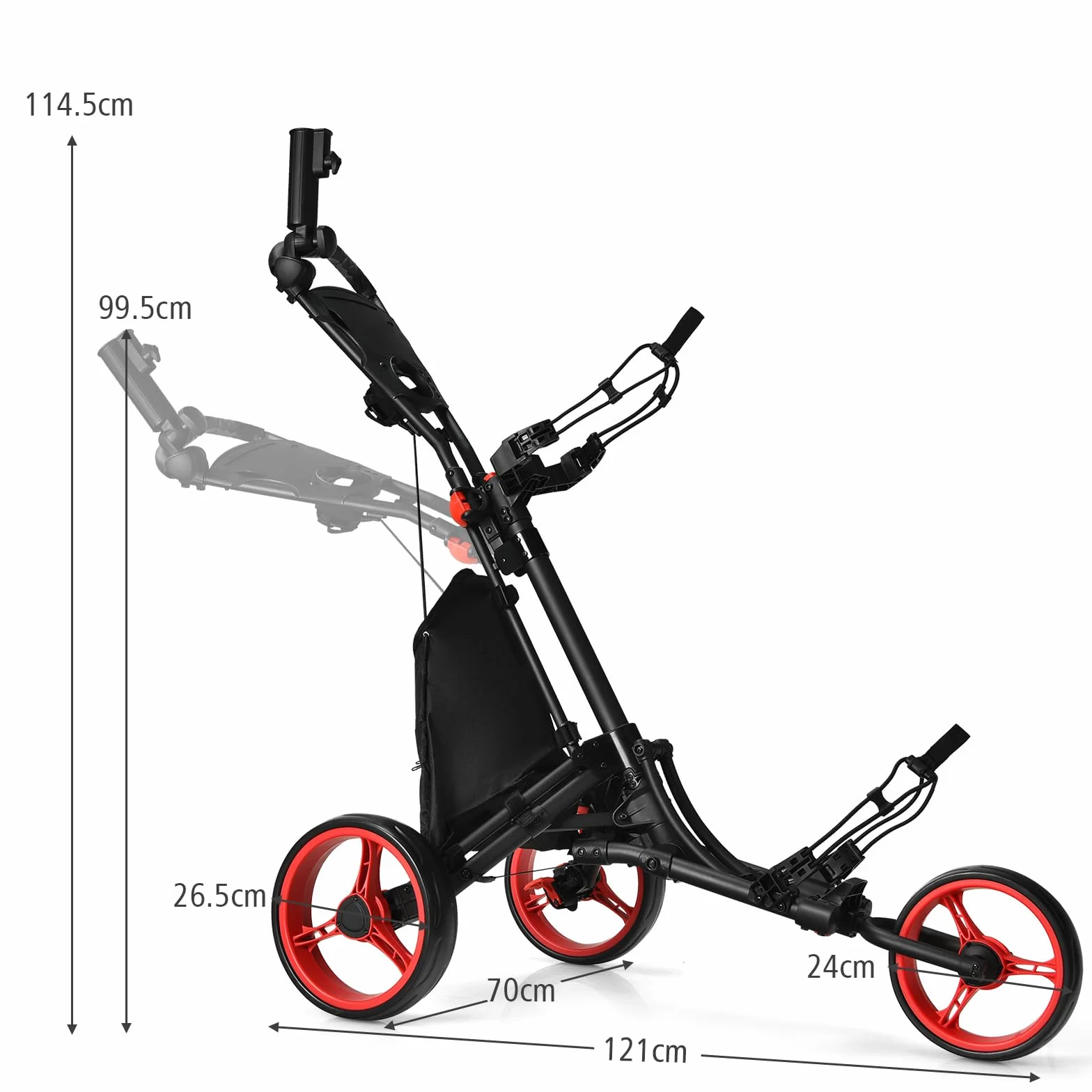 LIFEZEAL Carrito de Golf Plegable 3 Ruedas con Freno de Pie, Altura Ajustable, Paragüero, Portabotellas y Bolsa